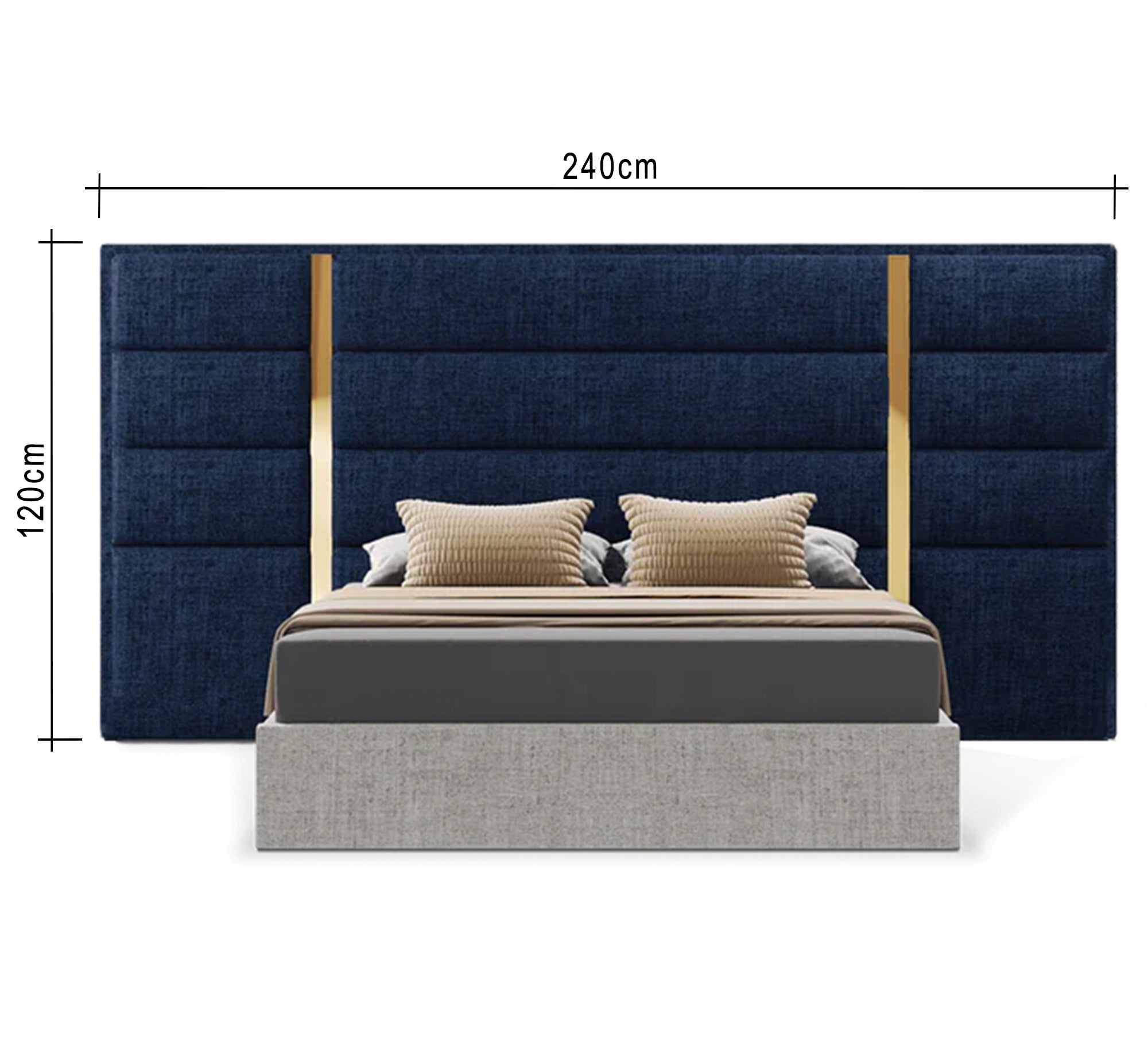 Beige bed with a blue high headboard and gold trim - Vitrine Furniture - Furniture