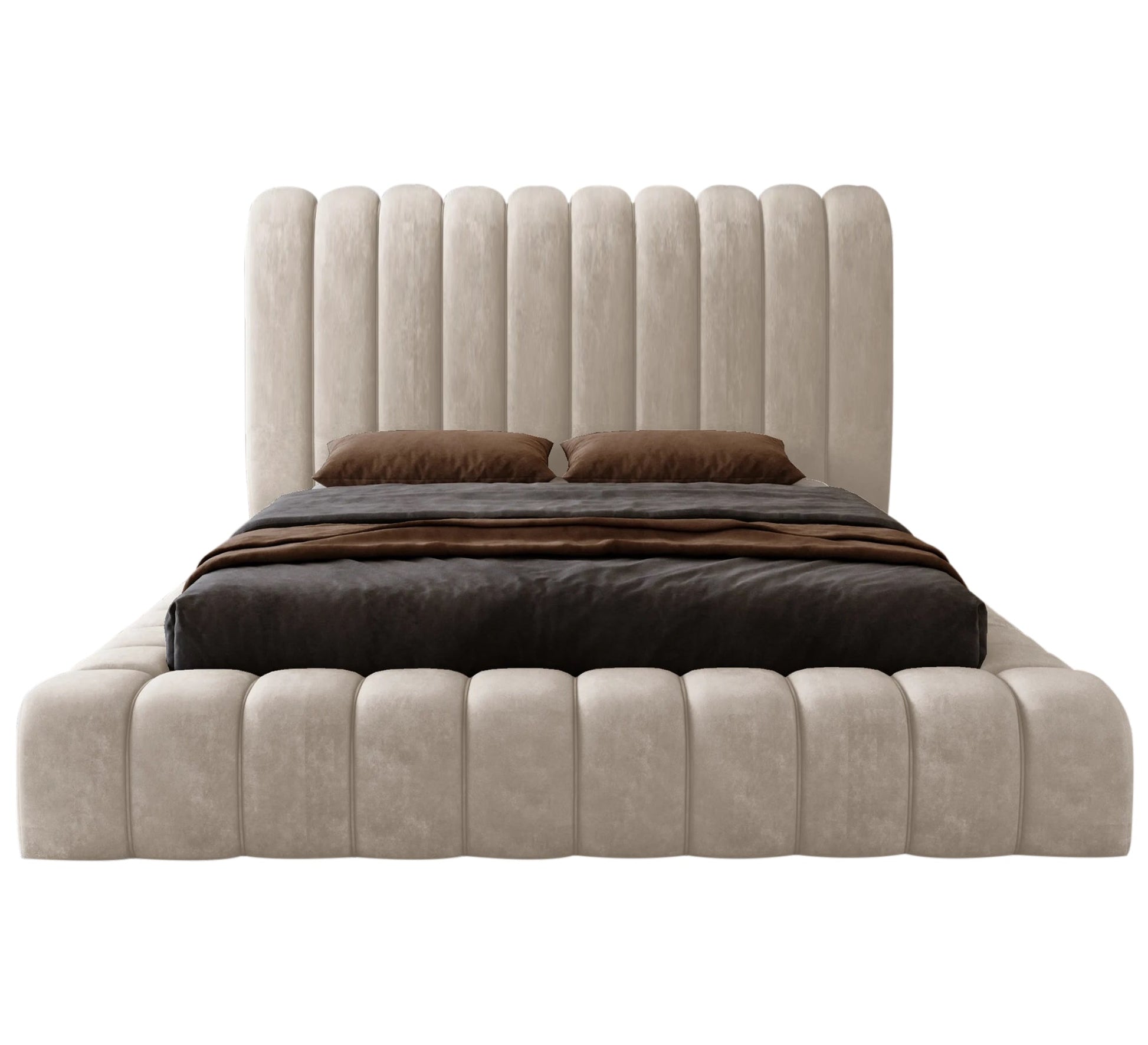 Beige bed with a fully upholstered capitone around the mattress - Vitrine Furniture - Furniture