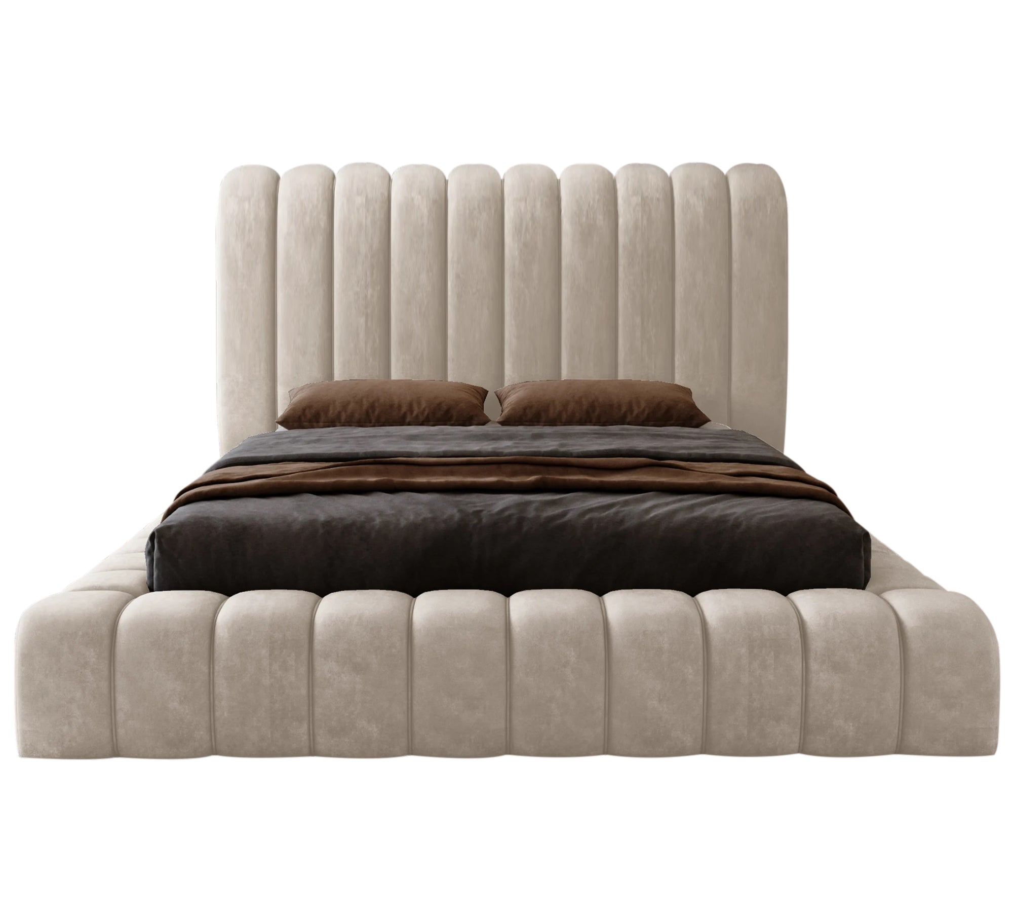 Beige bed with a fully upholstered capitone around the mattress - Vitrine Furniture - Furniture