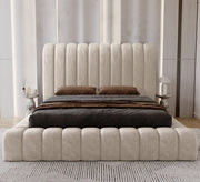 Beige bed with a fully upholstered capitone around the mattress - Vitrine Furniture - Furniture