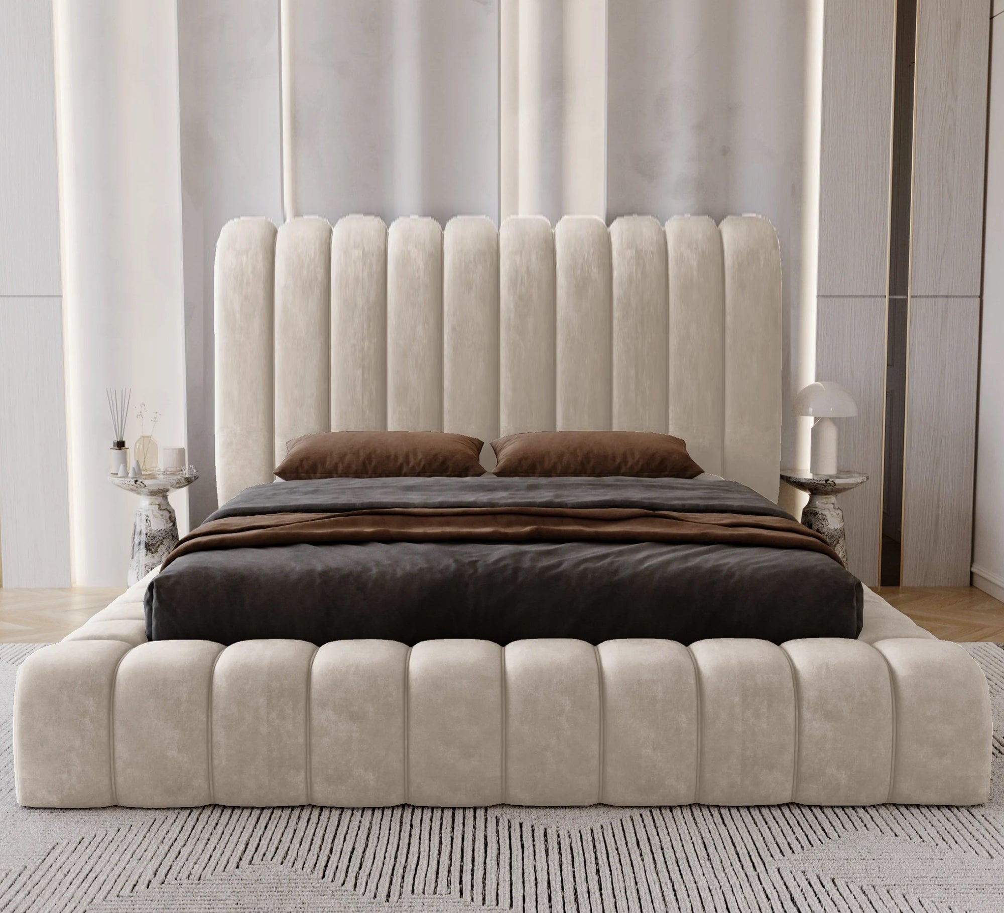 Beige bed with a fully upholstered capitone around the mattress - Vitrine Furniture - Furniture