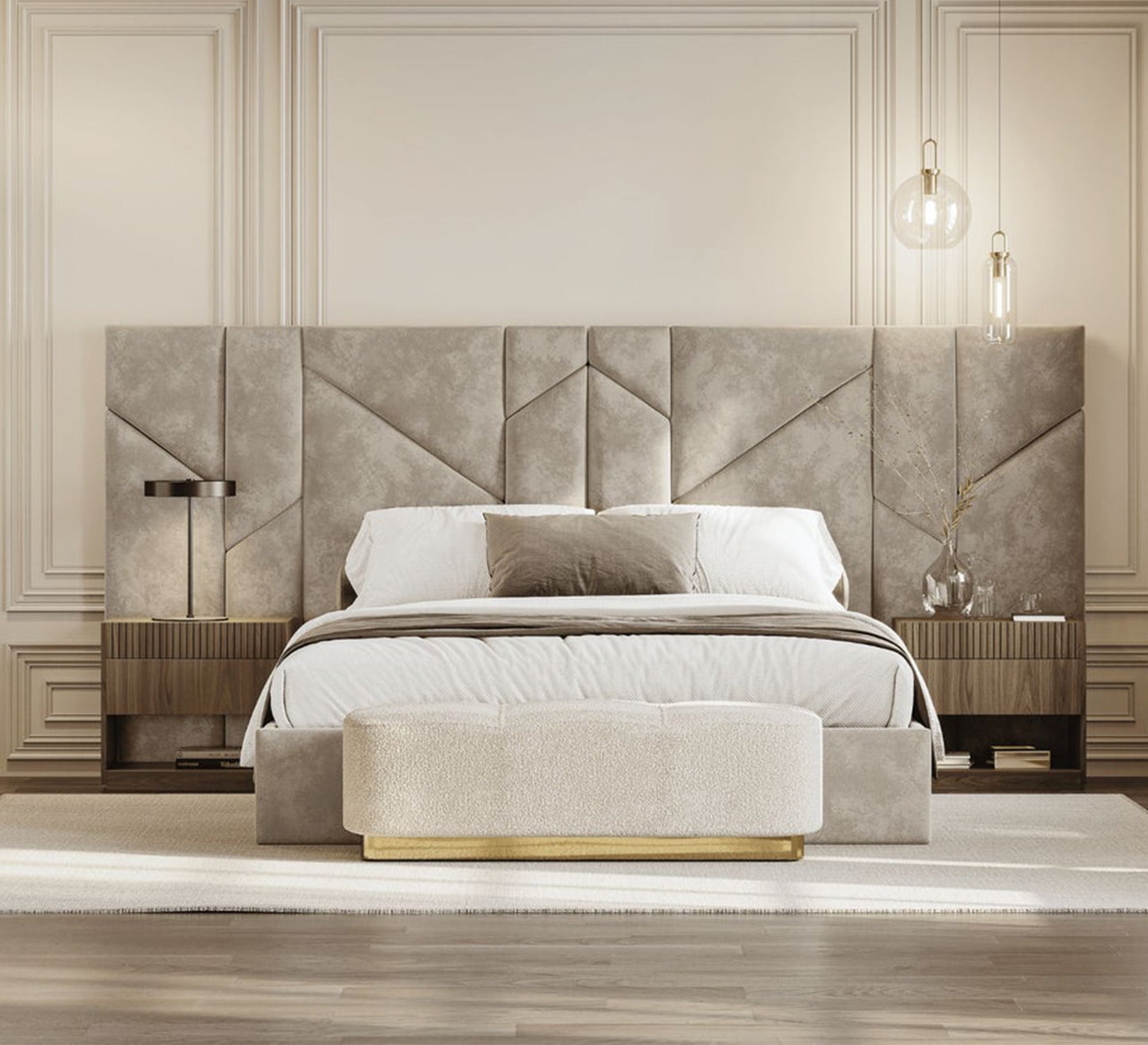 Beige bed with a wide capitone headboard - Vitrine Furniture - Furniture