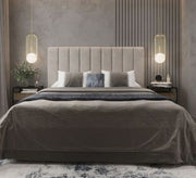 Beige bed with high back and longitudinal sunken lines - Vitrine Furniture - Furniture