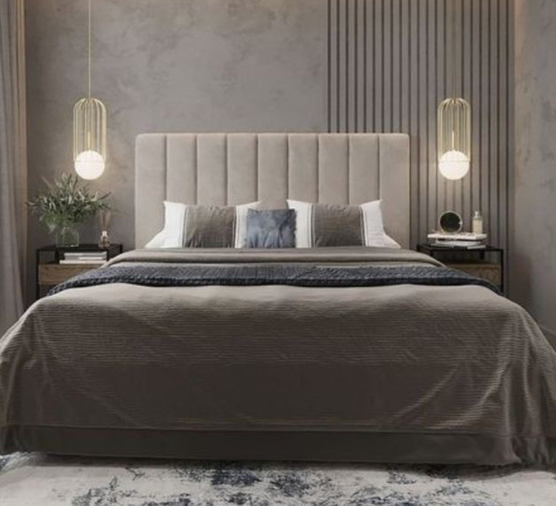 Beige bed with high back and longitudinal sunken lines - Vitrine Furniture - Furniture