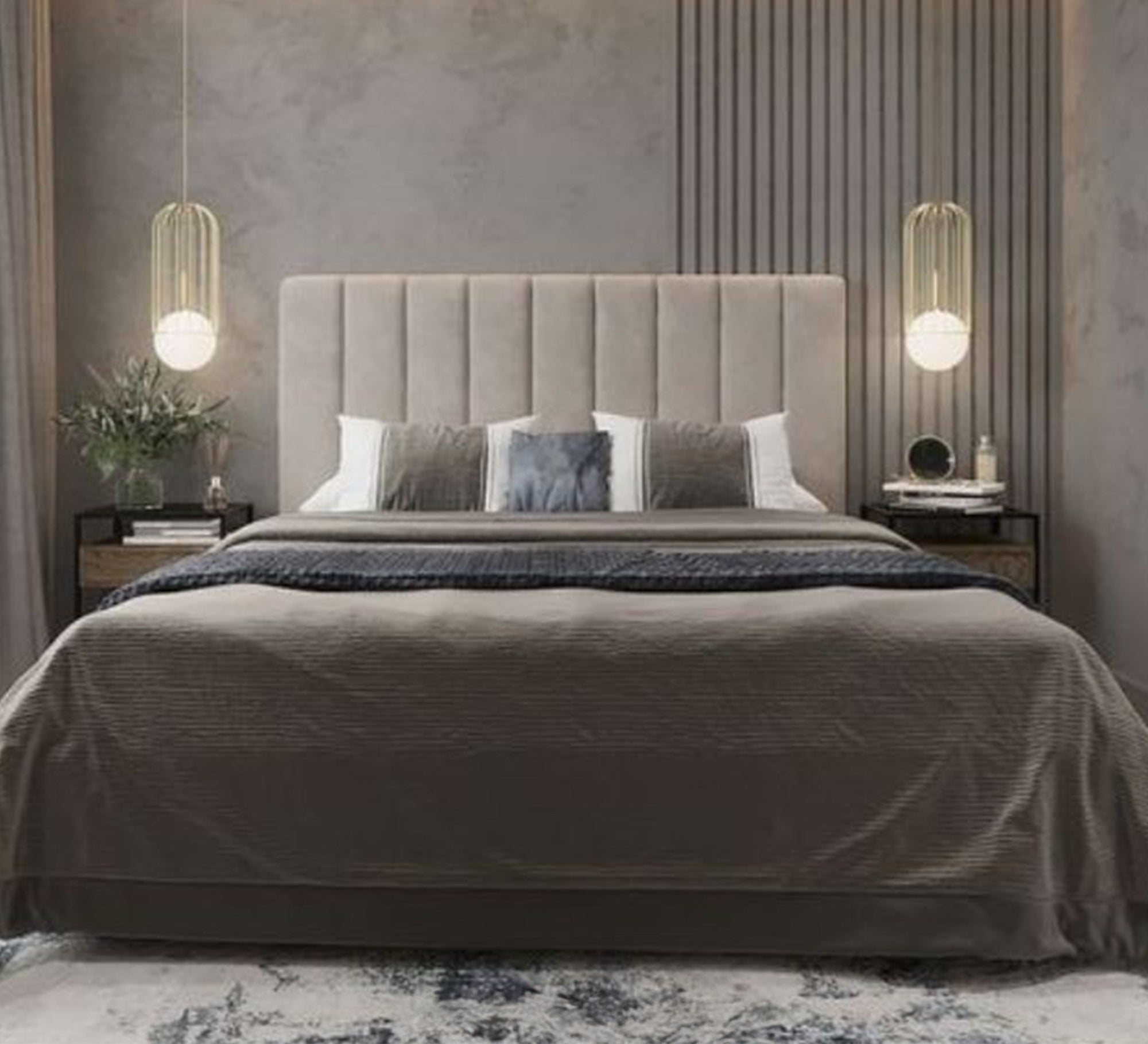 Beige bed with high back and longitudinal sunken lines - Vitrine Furniture - Furniture