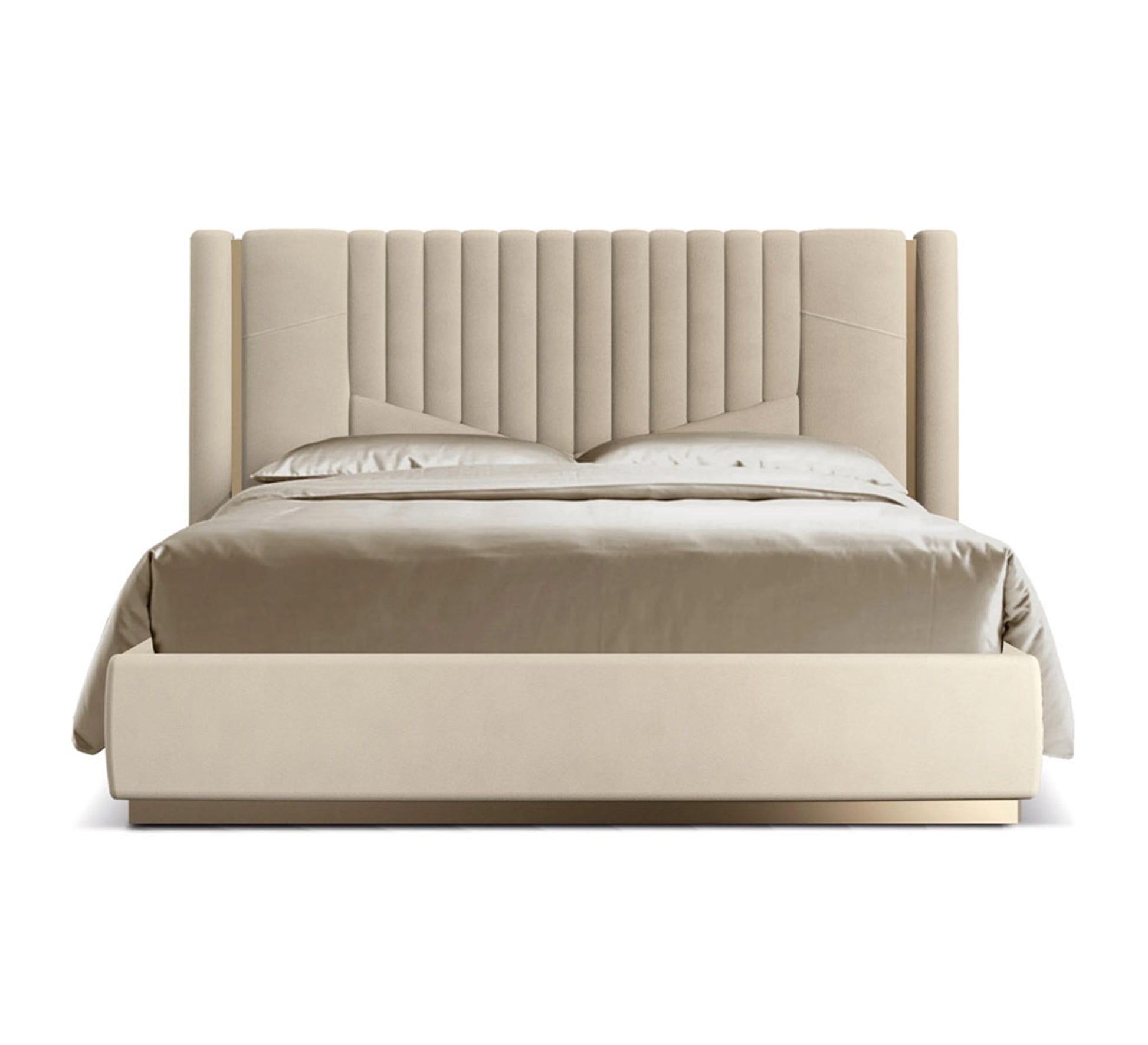 Beige bed with striped headboard and elegant gold accents - Vitrine Furniture - Furniture