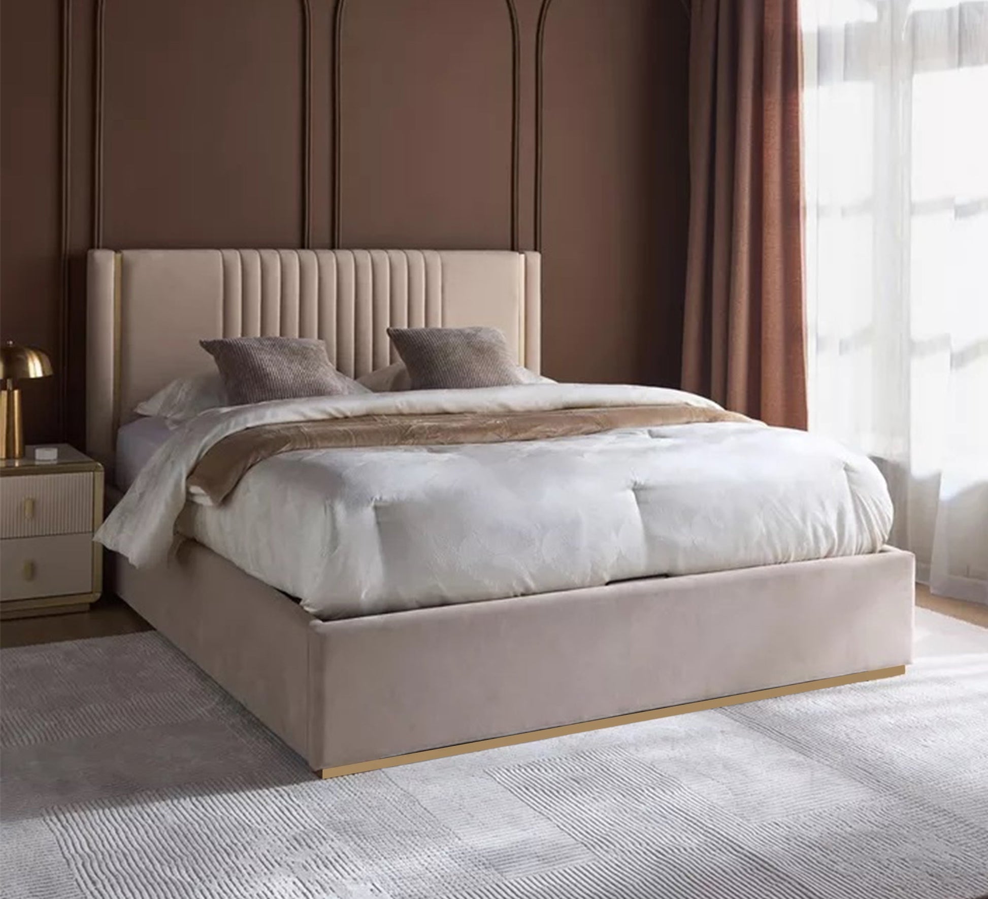 Beige bed with striped headboard and elegant gold accents - Vitrine Furniture - Furniture