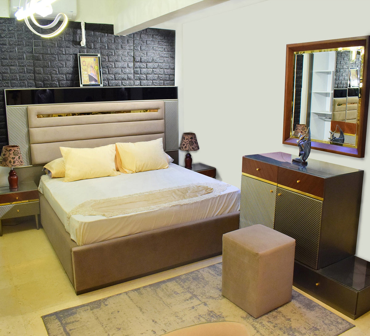 Beige Brown Half - Height Mirrored Wardrobe Elegance - Vitrine Furniture - Bed Sets