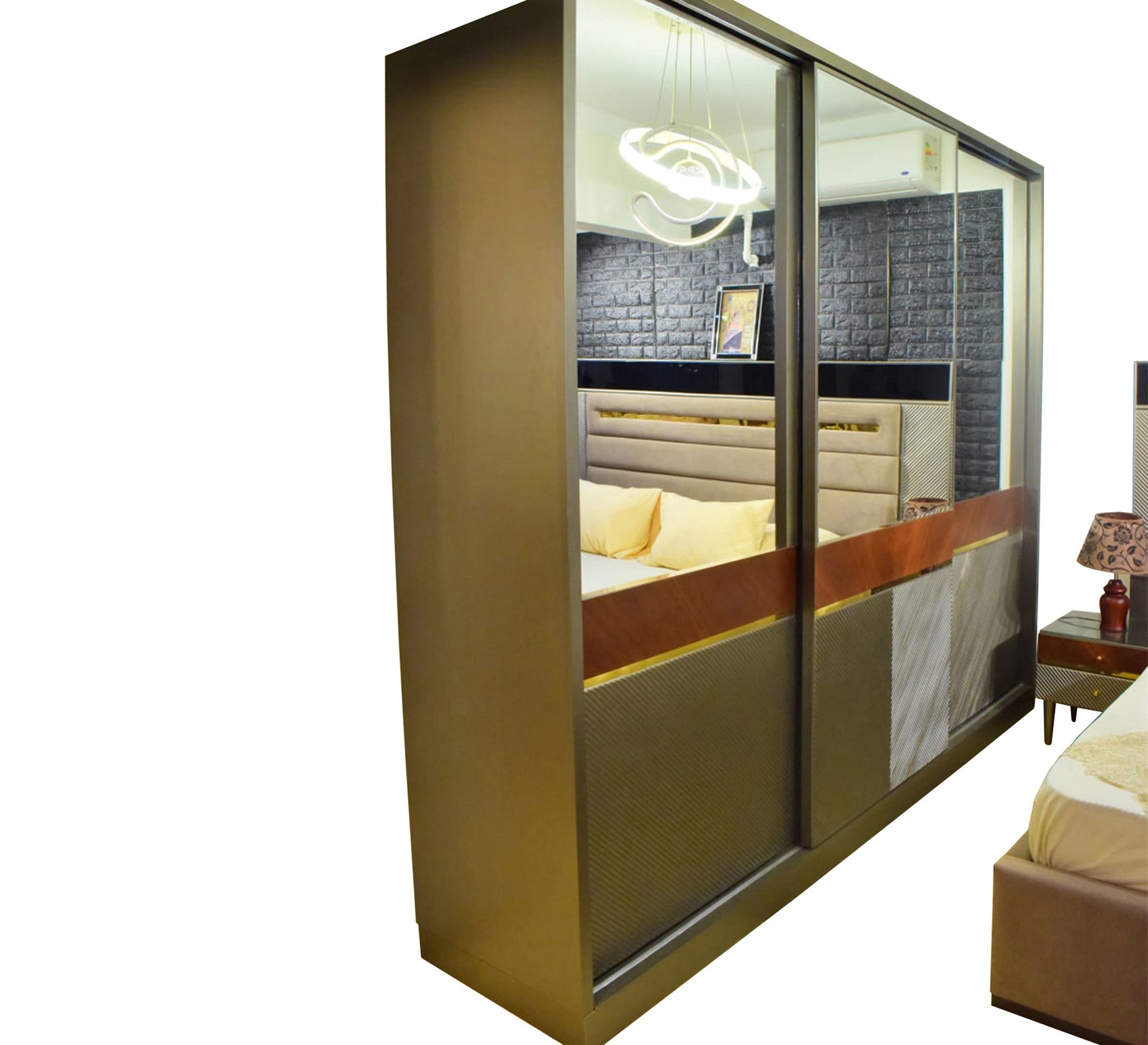 Beige Brown Half - Height Mirrored Wardrobe Elegance - Vitrine Furniture - Bed Sets