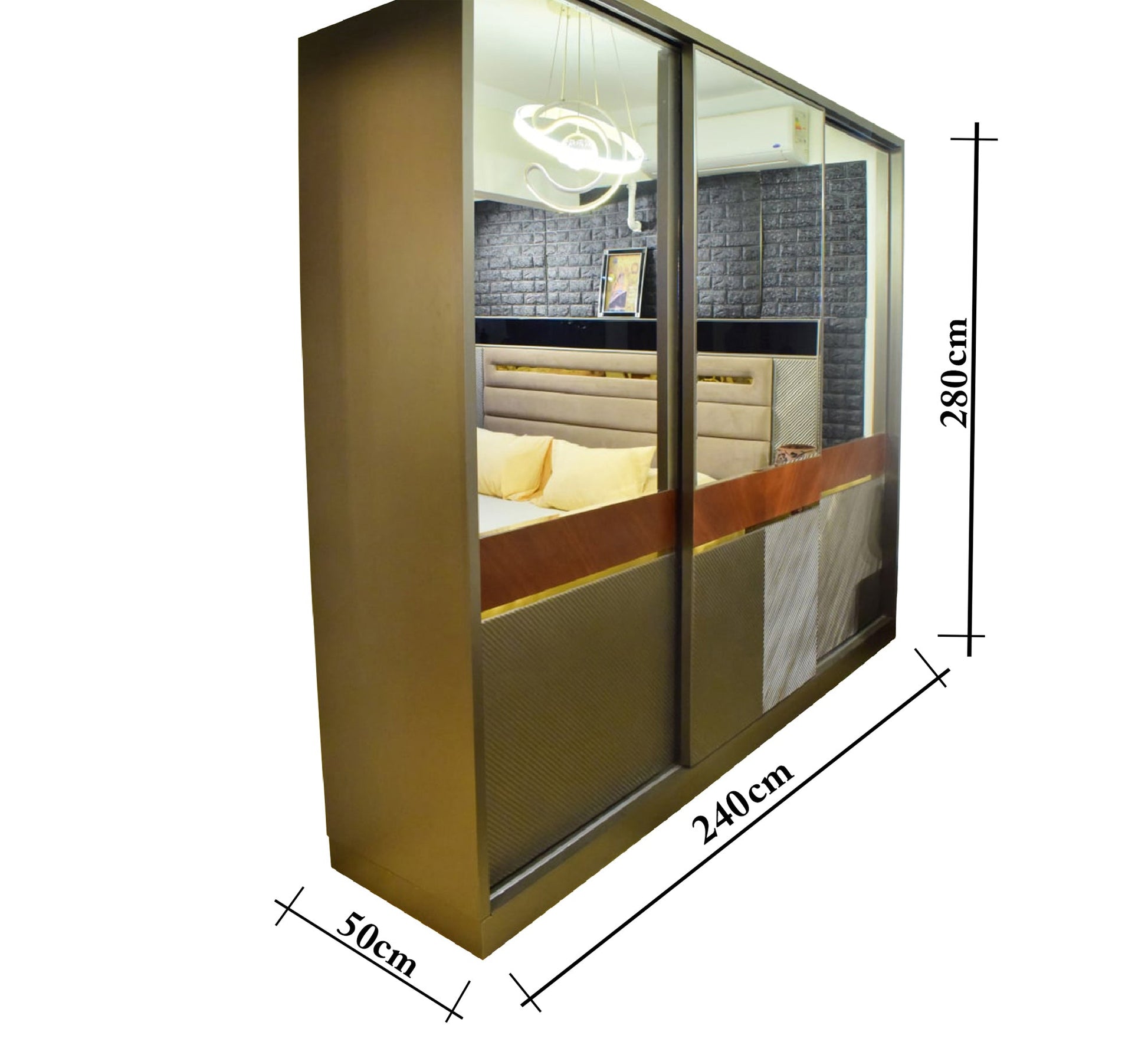 Beige Brown Half - Height Mirrored Wardrobe Elegance - Vitrine Furniture - Bed Sets