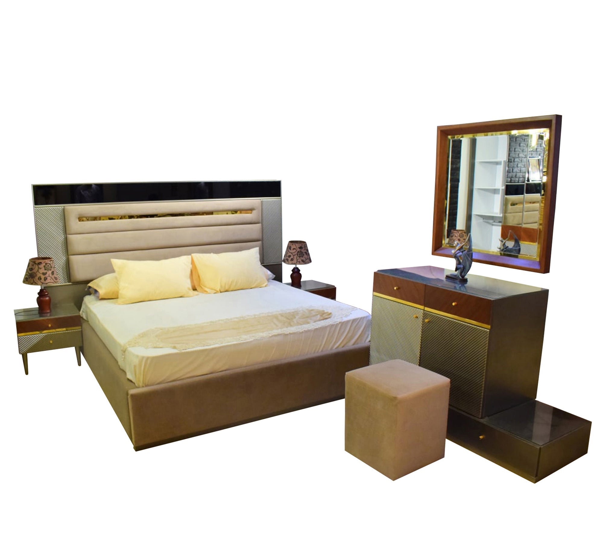 Beige Brown Half - Height Mirrored Wardrobe Elegance - Vitrine Furniture - Bed Sets