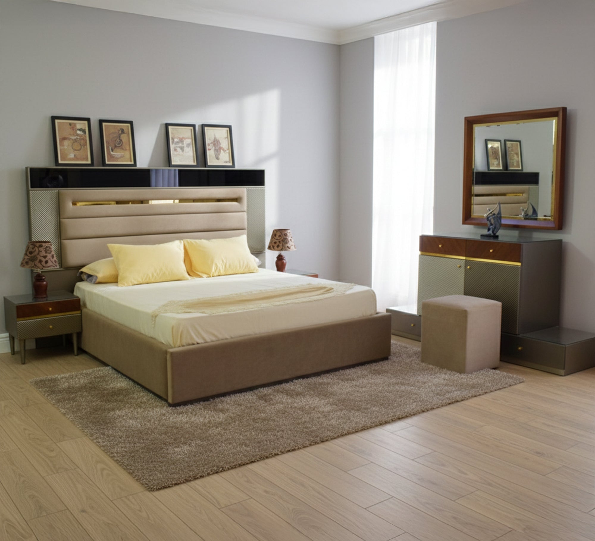 Beige Brown Half - Height Mirrored Wardrobe Elegance - Vitrine Furniture - Bed Sets