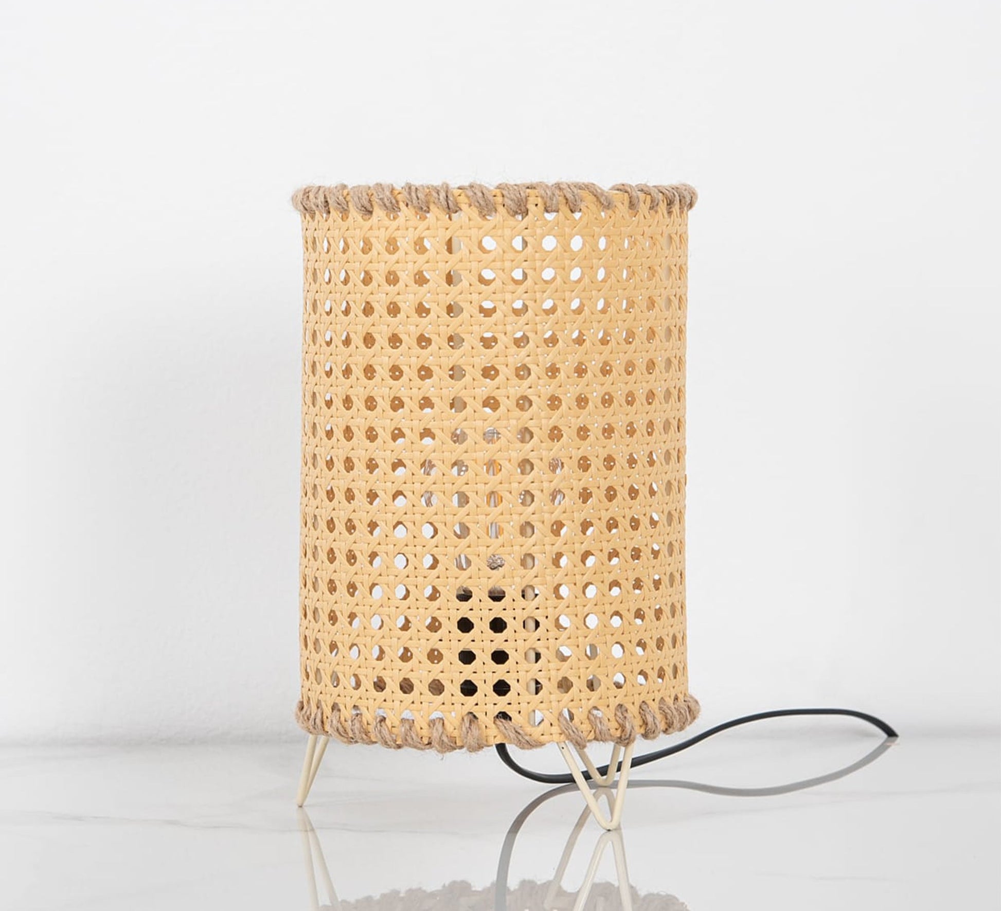 Beige cylindrical table lighting with a hollow grid pattern - Vitrine Furniture - Lighting