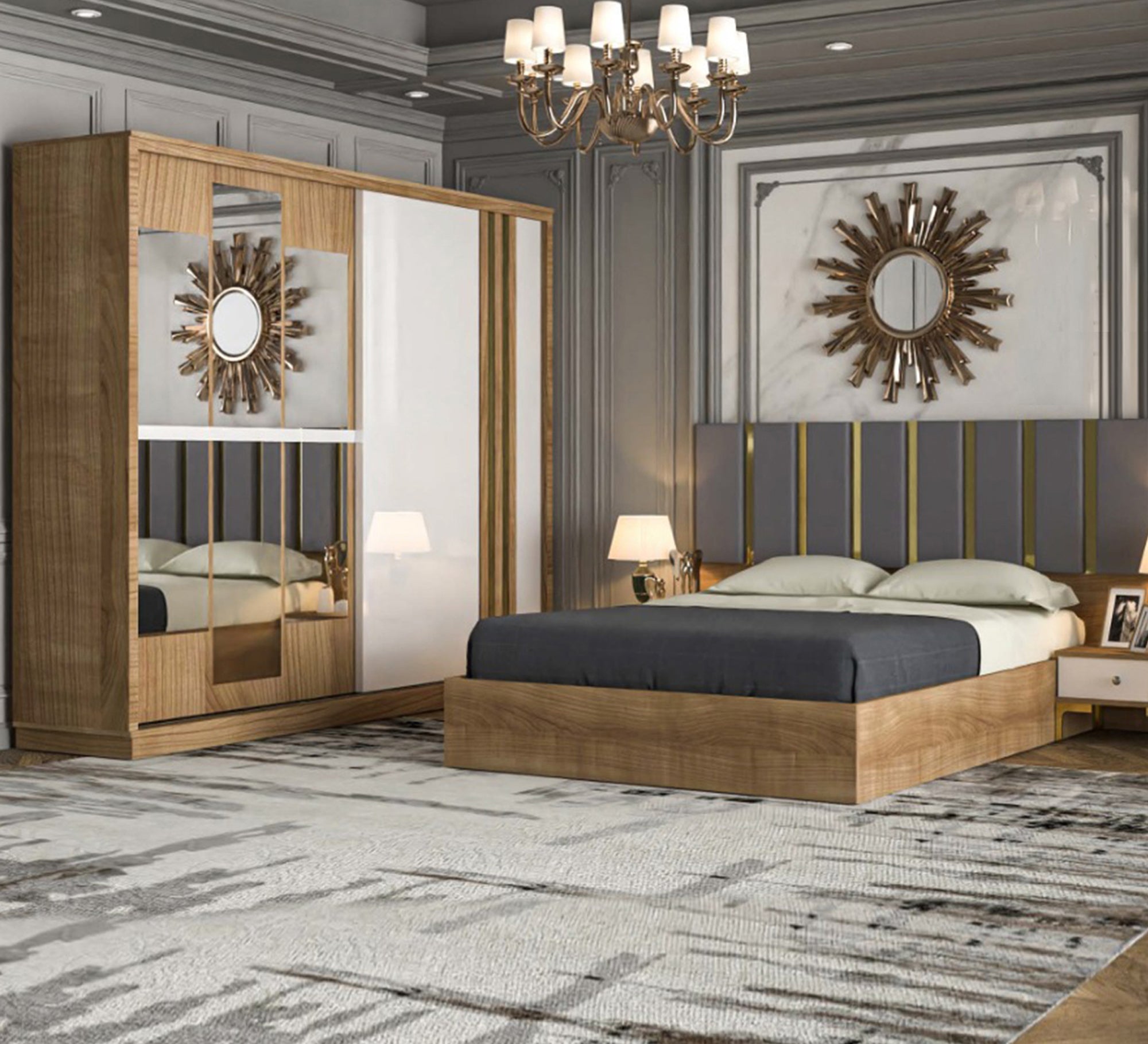 Beige * grey stainless bedroom - Vitrine Furniture - Bed Sets