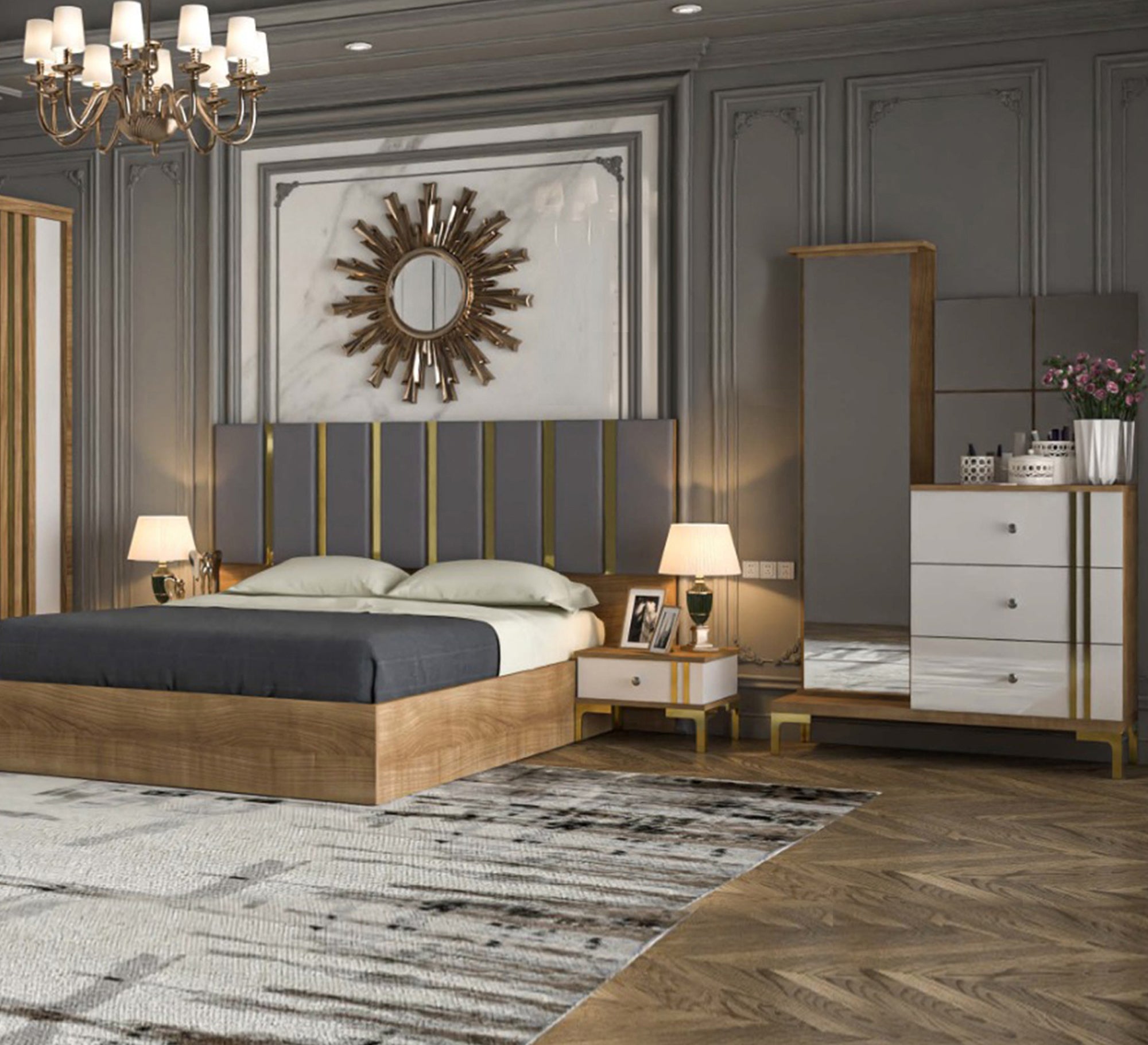 Beige * grey stainless bedroom - Vitrine Furniture - Bed Sets