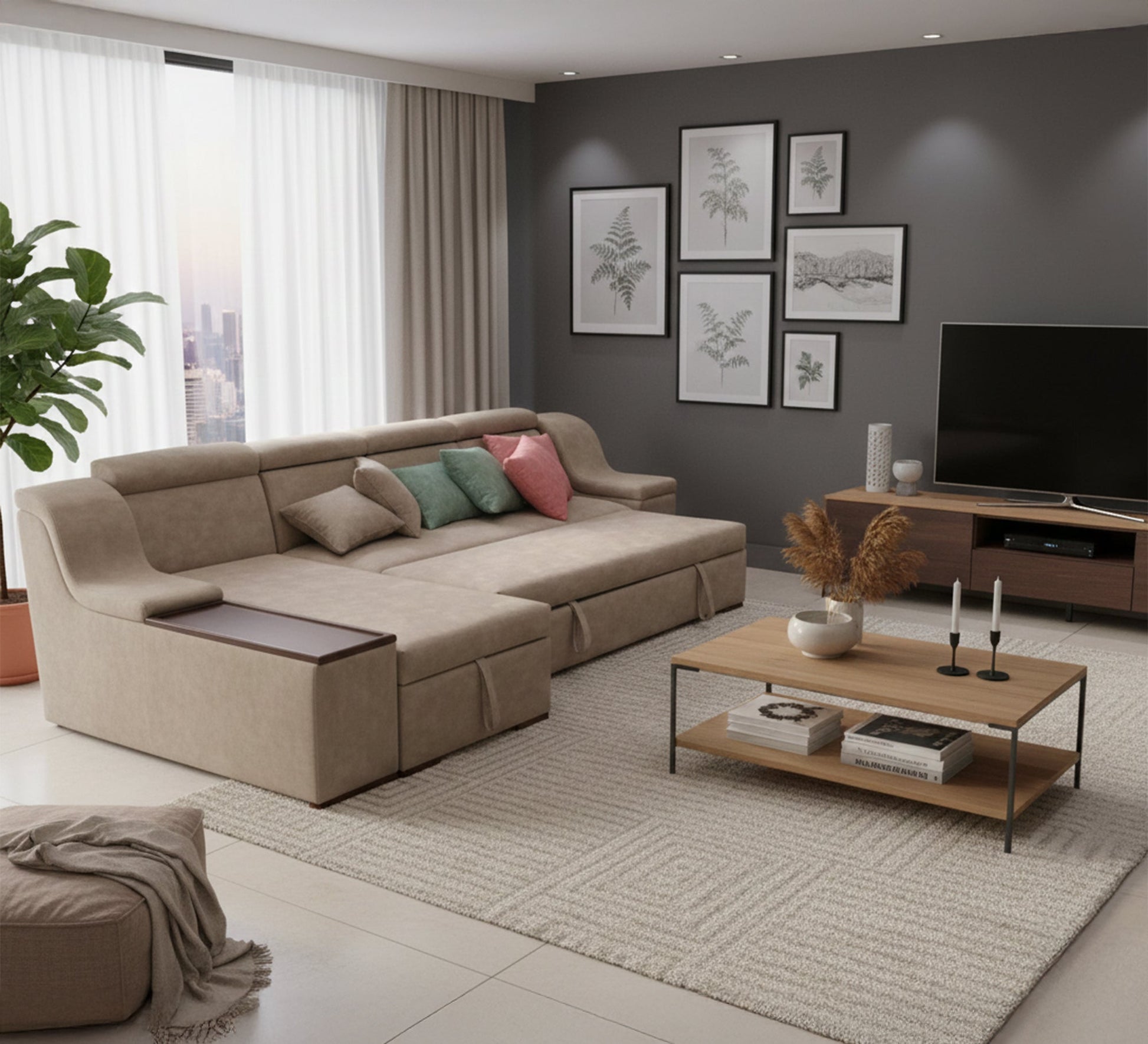 beige L - shaped corner bed and chaise longue - Vitrine Furniture - L - shape sofa set