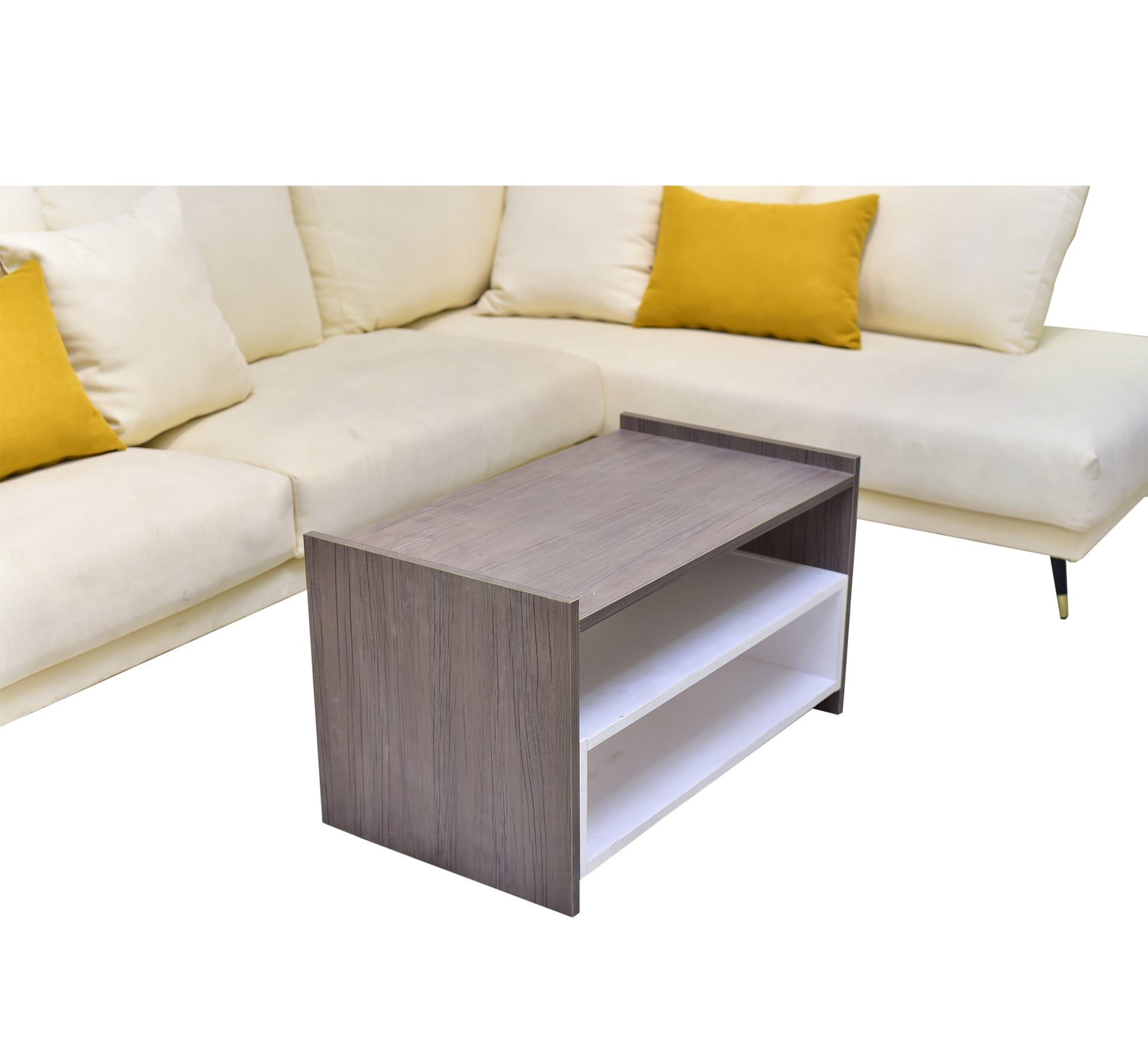 Beige living room corner with yellow pillows - Vitrine Furniture - L - shape sofa set