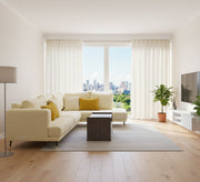 Beige living room corner with yellow pillows - Vitrine Furniture - L - shape sofa set