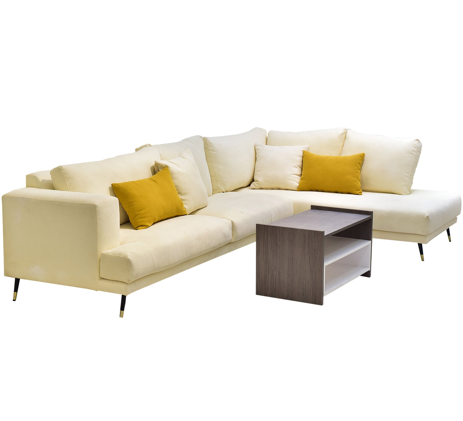 Beige living room corner with yellow pillows - Vitrine Furniture - L - shape sofa set