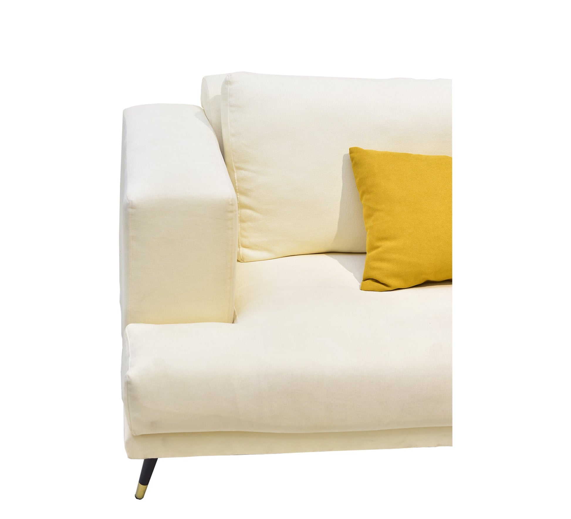 Beige living room corner with yellow pillows - Vitrine Furniture - L - shape sofa set