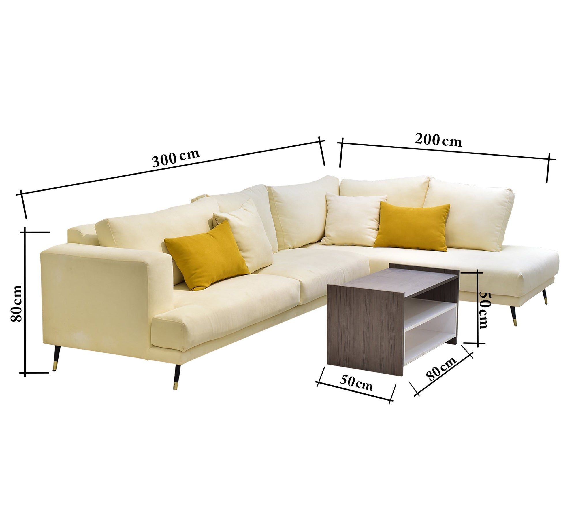 Beige living room corner with yellow pillows - Vitrine Furniture - L - shape sofa set