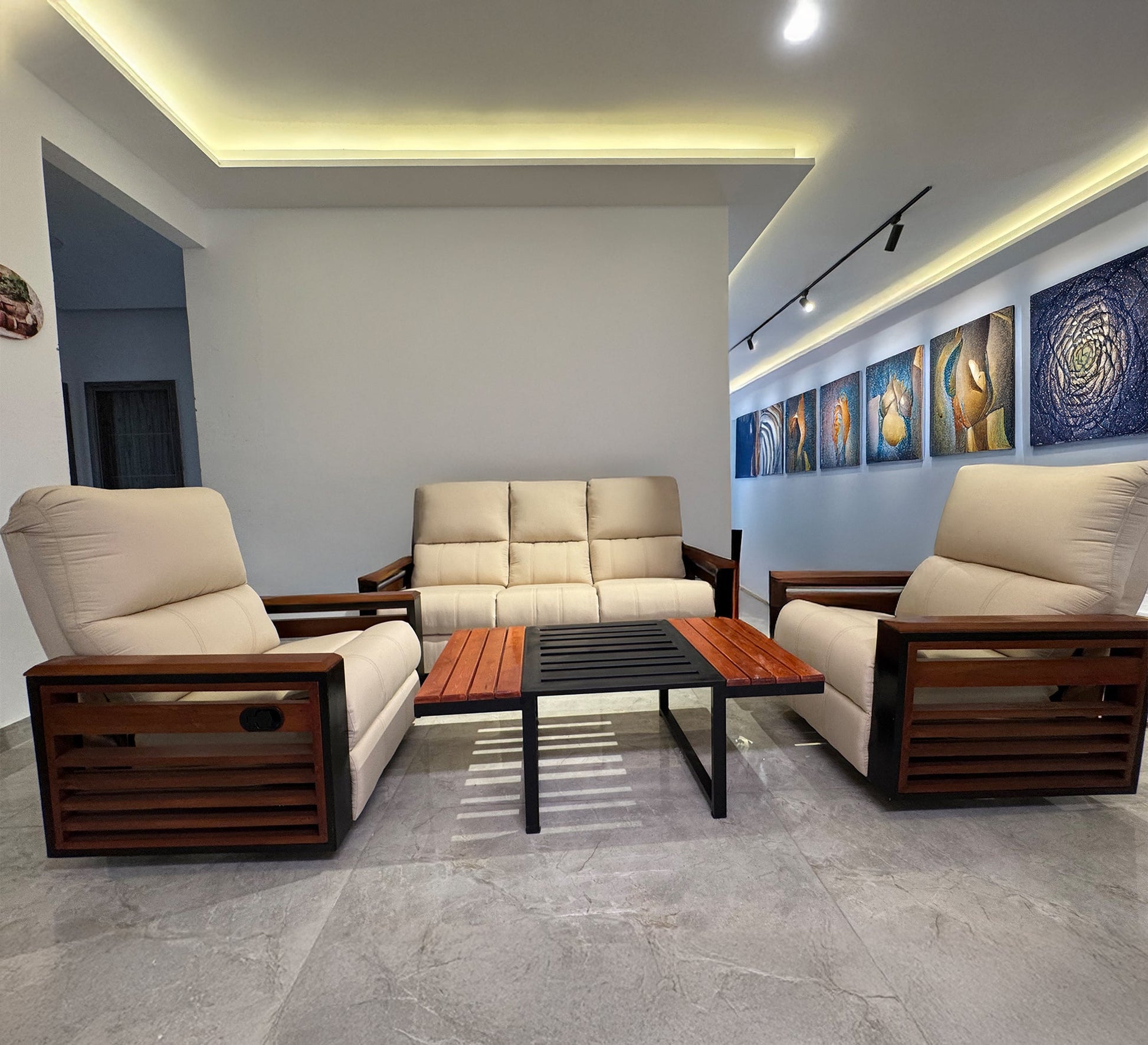 Beige living room set with wooden touches - Vitrine Furniture - Furniture