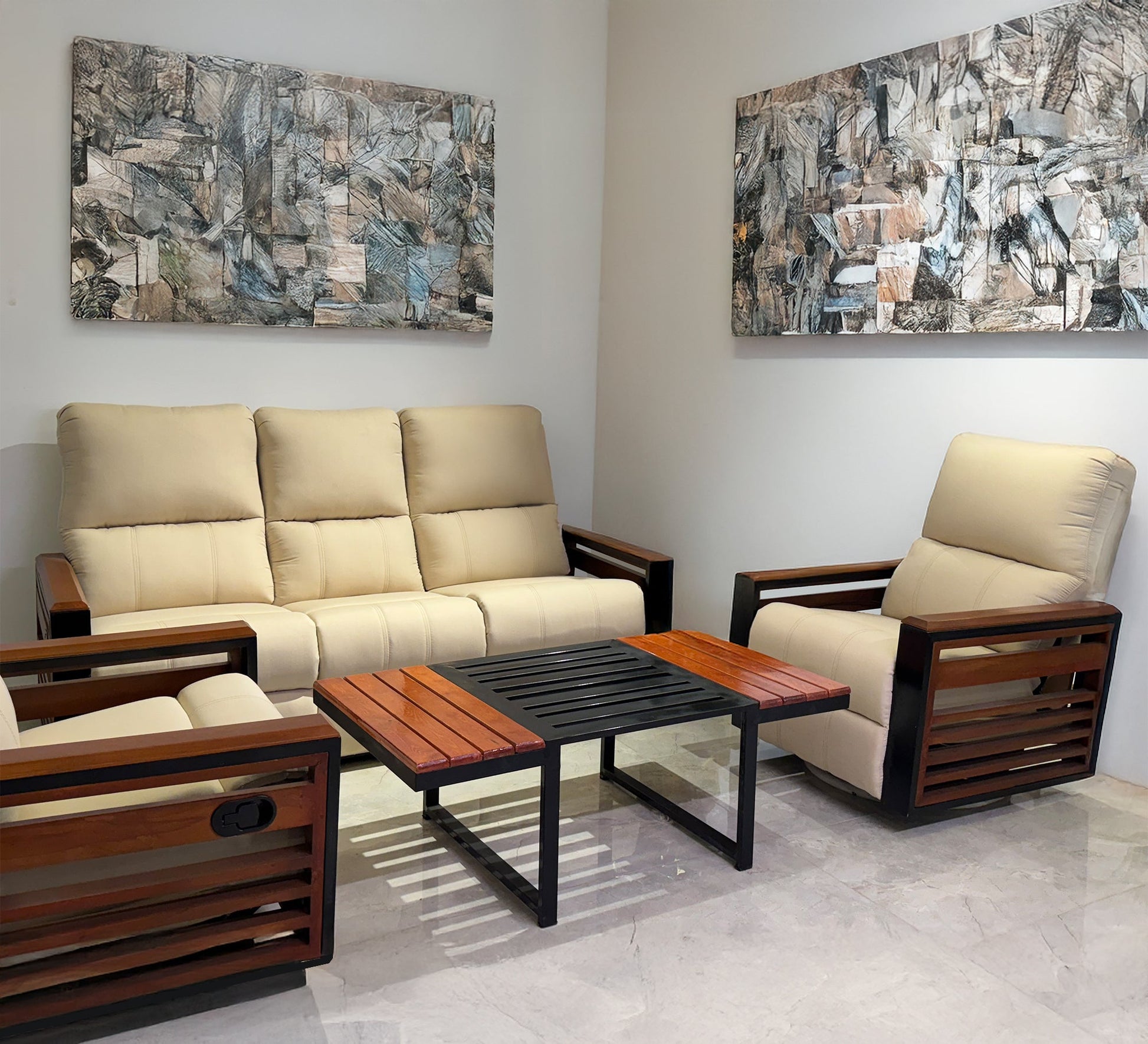 Beige living room set with wooden touches - Vitrine Furniture - Furniture