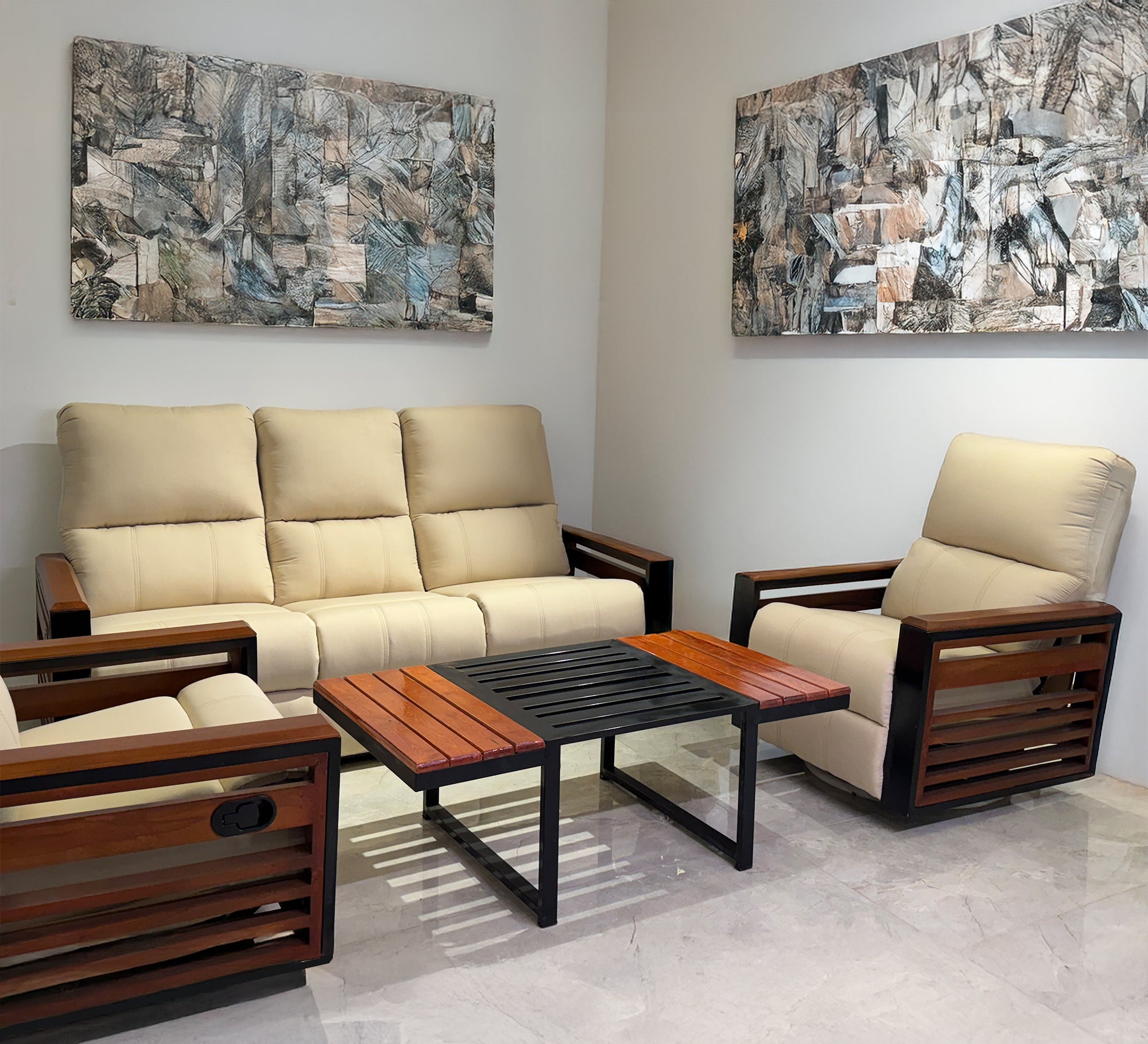 Beige living room set with wooden touches - Vitrine Furniture - Furniture