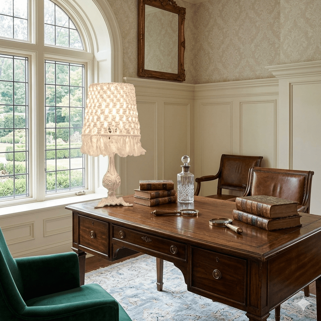 Beige macrame table lamp with ornate base - Vitrine Furniture - Table lamps