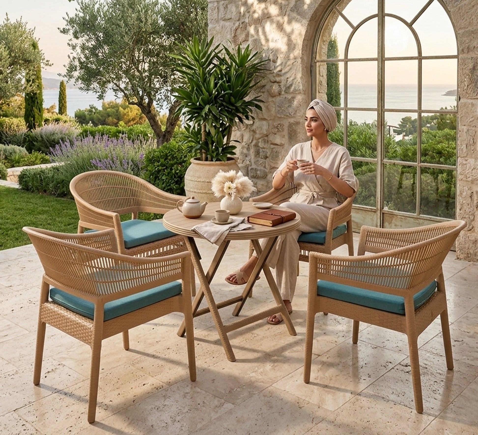 Beige patio set, turquoise blue, comfortable, stylish - Vitrine Furniture - Outdoor Dining Sets