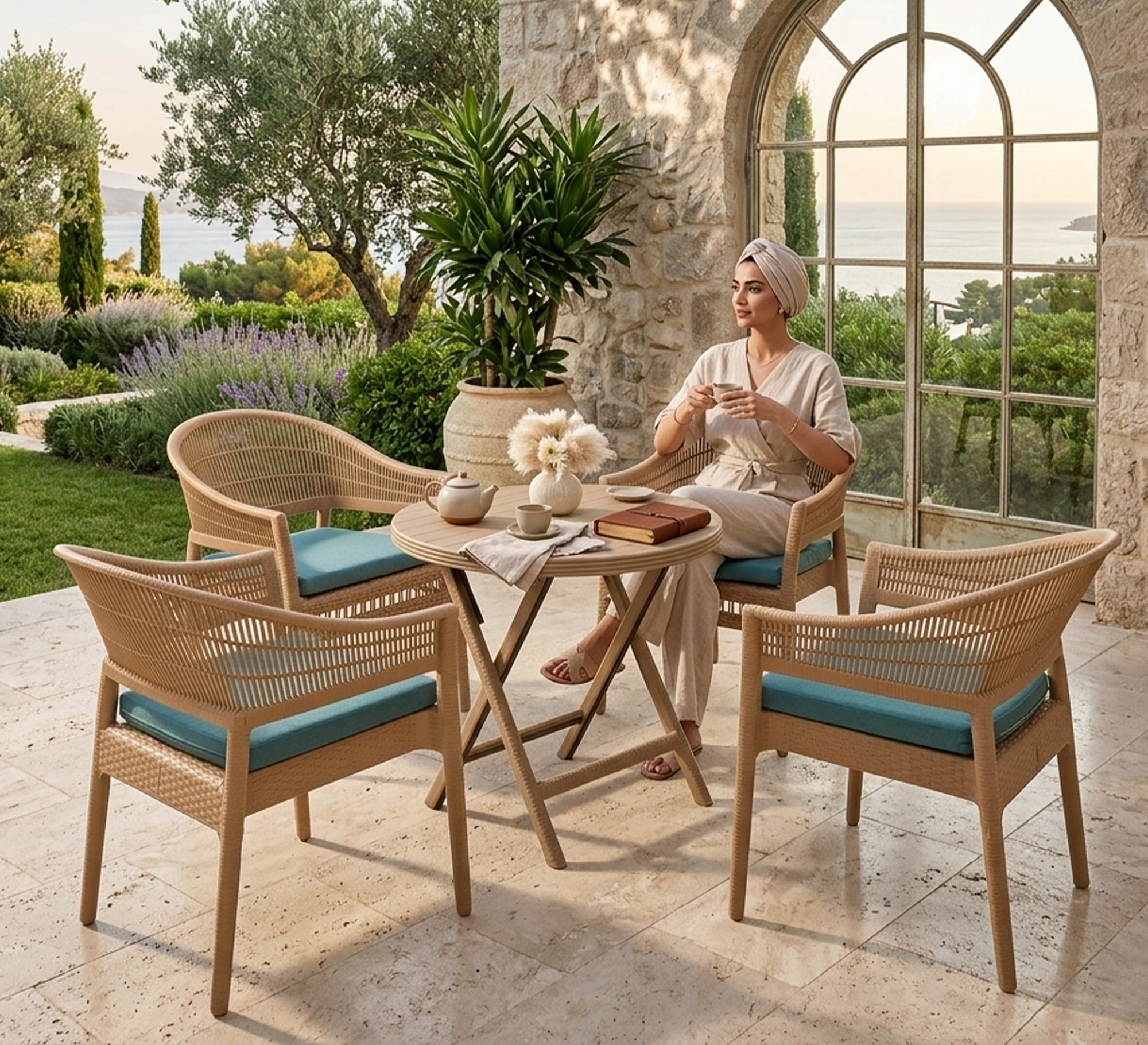 Beige patio set, turquoise blue, comfortable, stylish - Vitrine Furniture - Outdoor Dining Sets