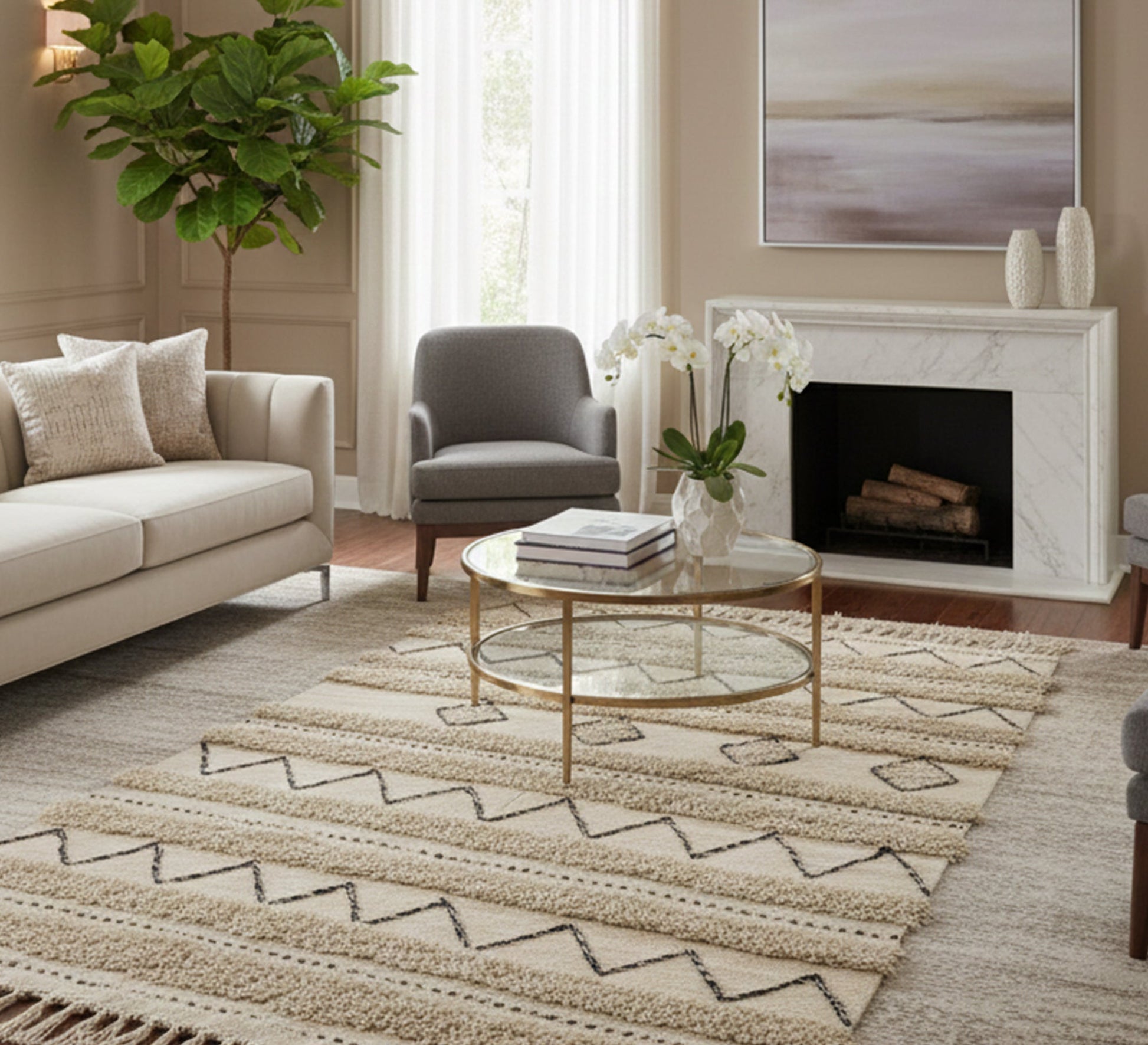 Beige rug with distinctive ethnic raised patterns - Vitrine Furniture - Accessories