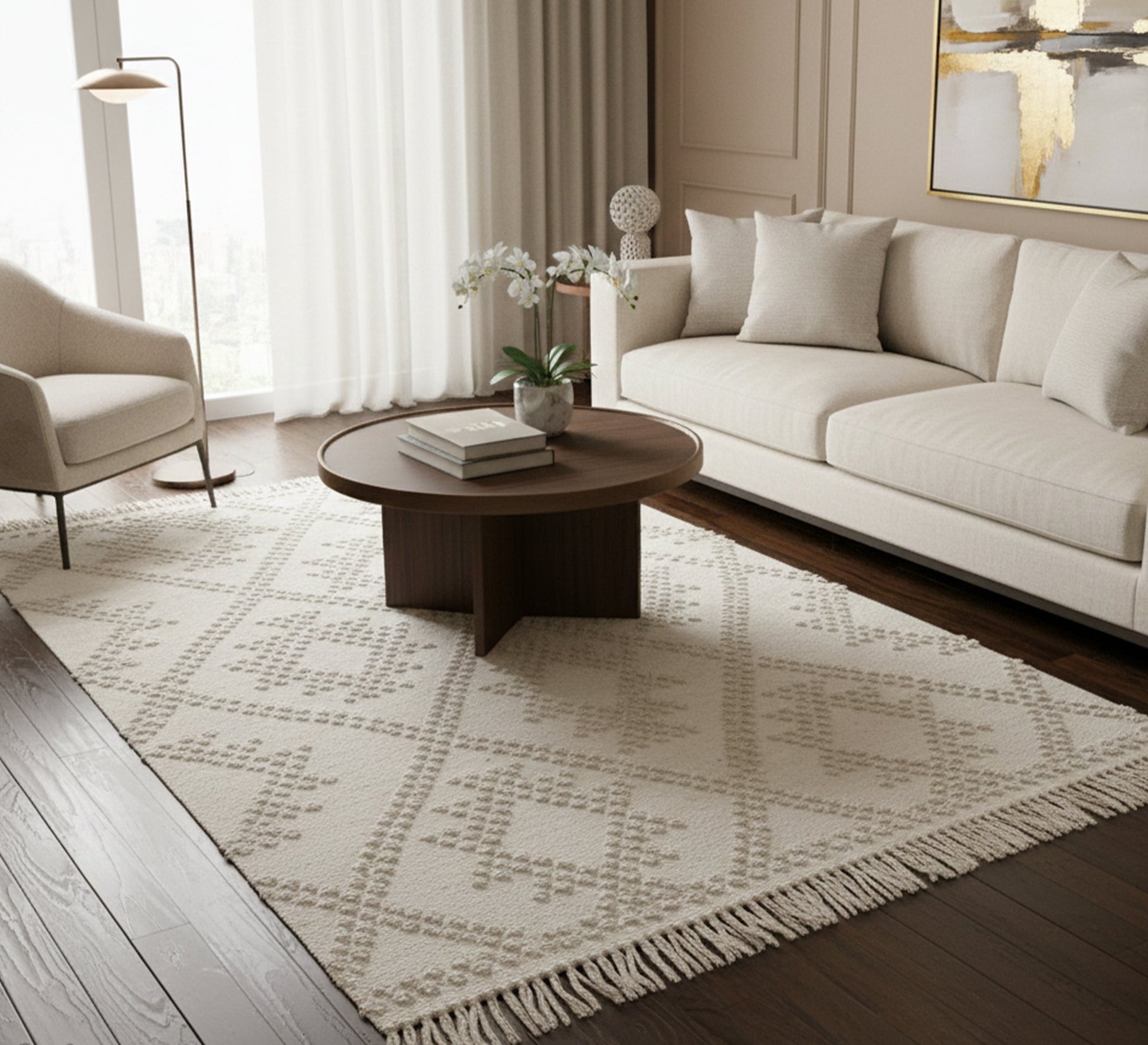 Beige rustic rug with a soft geometric diamond pattern - Vitrine Furniture - Accessories