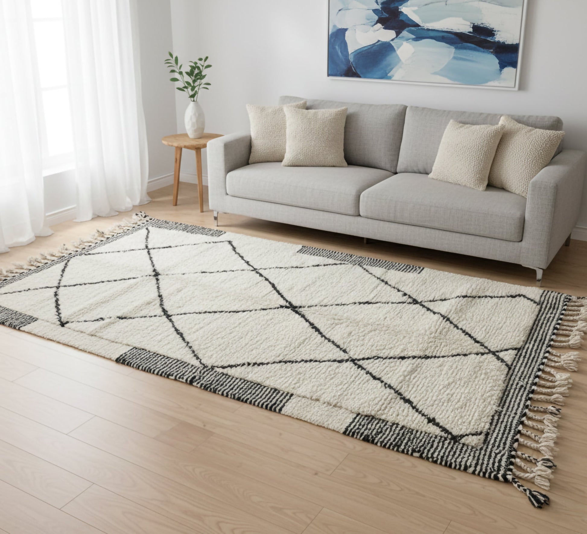 Beige rustic rug with horizontal diamond patterns and stripes - Vitrine Furniture - Accessories