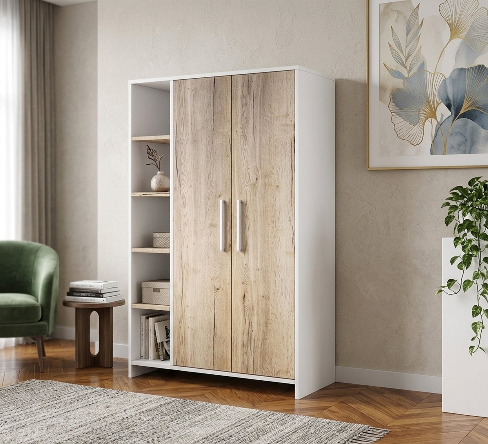 Beige & White Elegance Wardrobe with External Shelves Added - Vitrine Furniture - Wardrobes