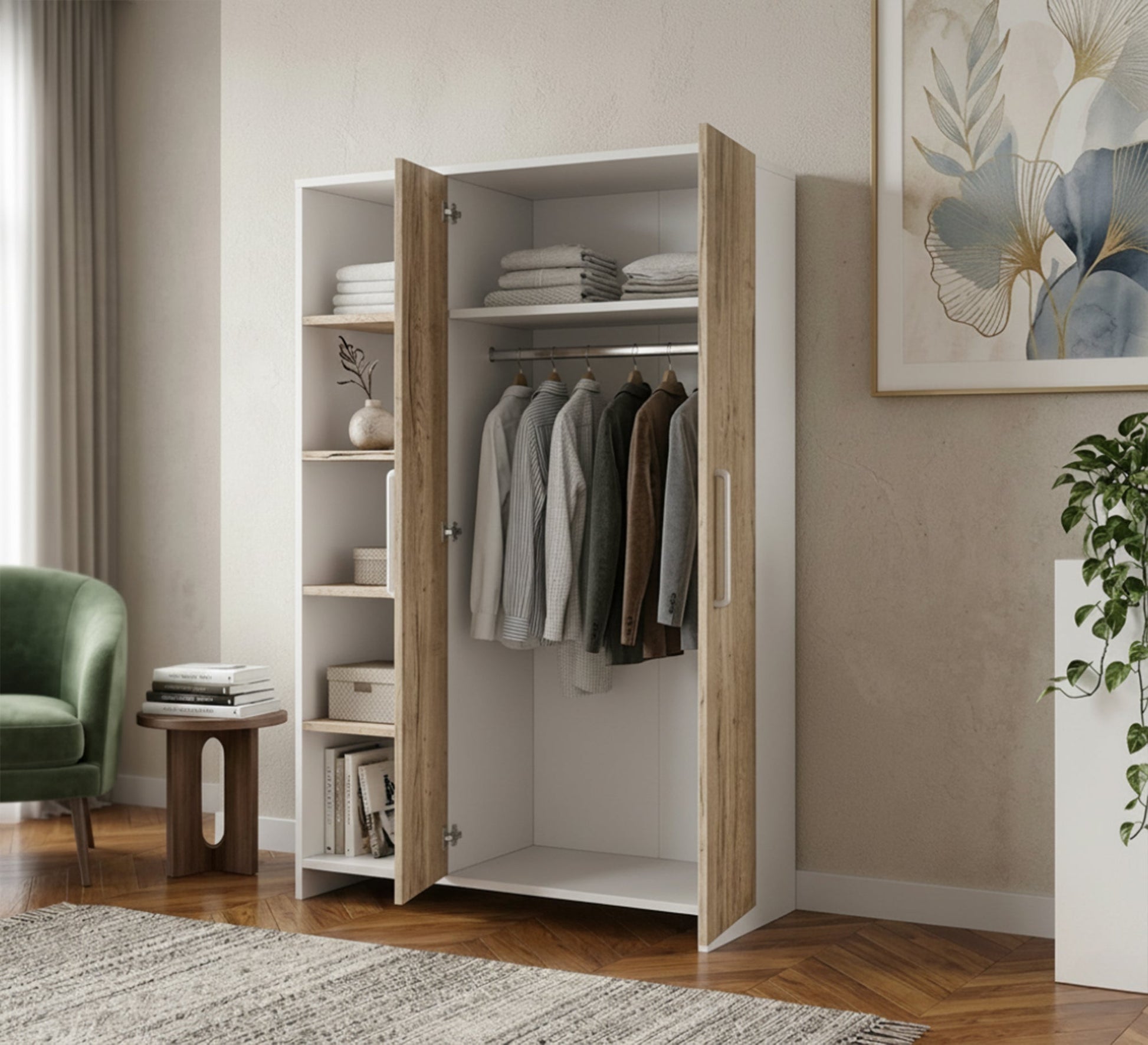 Stylish Beige & White Wardrobe with External Shelves – Vitrine Furniture