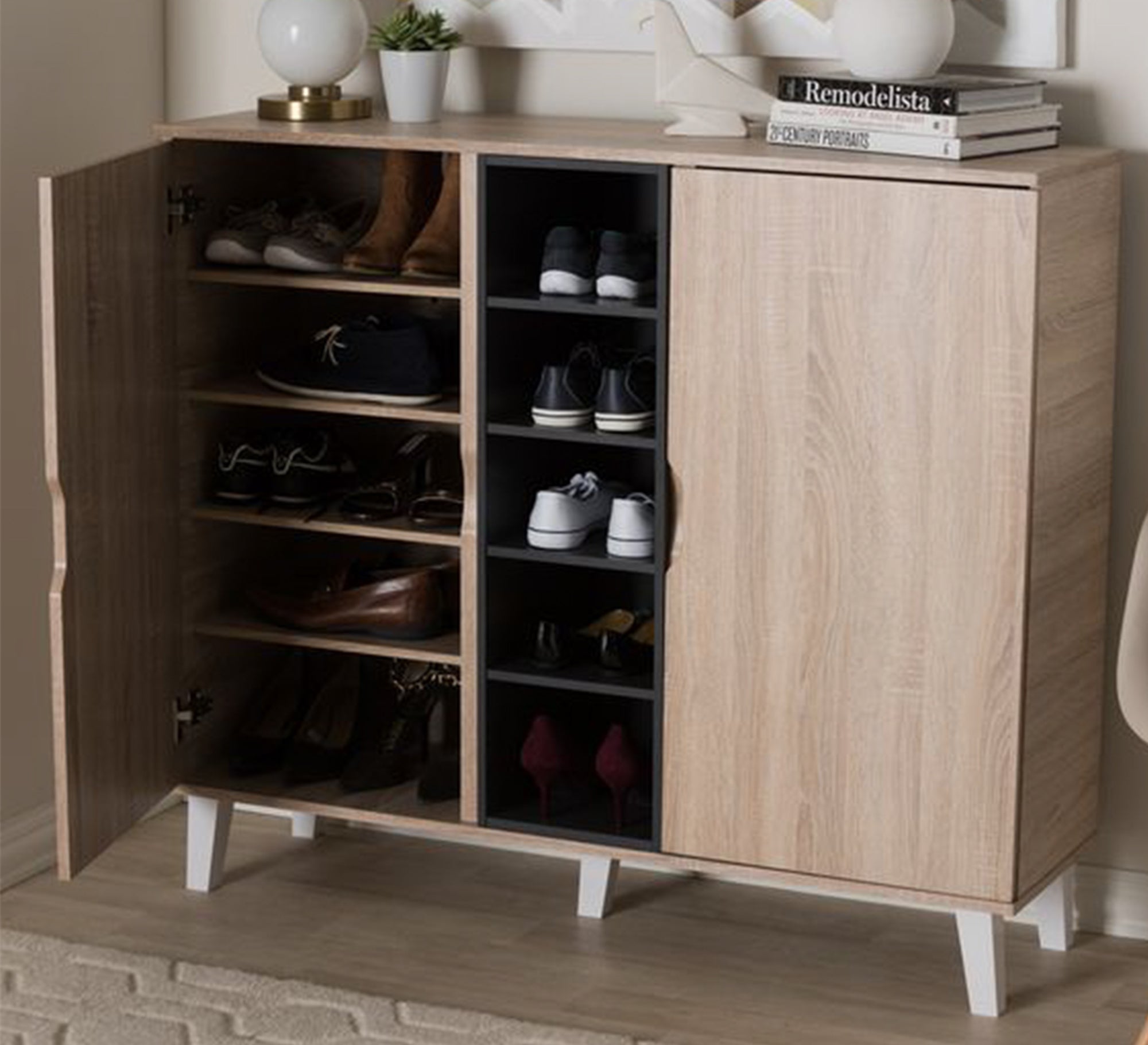 Beige wooden Shoe rack with white legs - Vitrine Furniture - Furniture