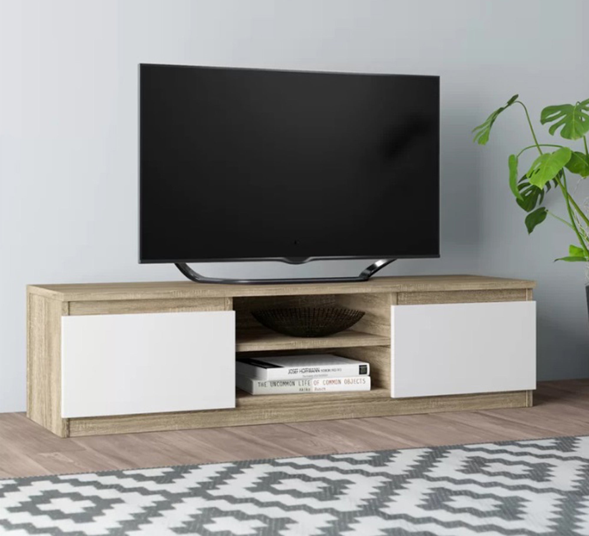 Beige wooden TV unit with white leaves - Vitrine Furniture - TV Table & Cabinet