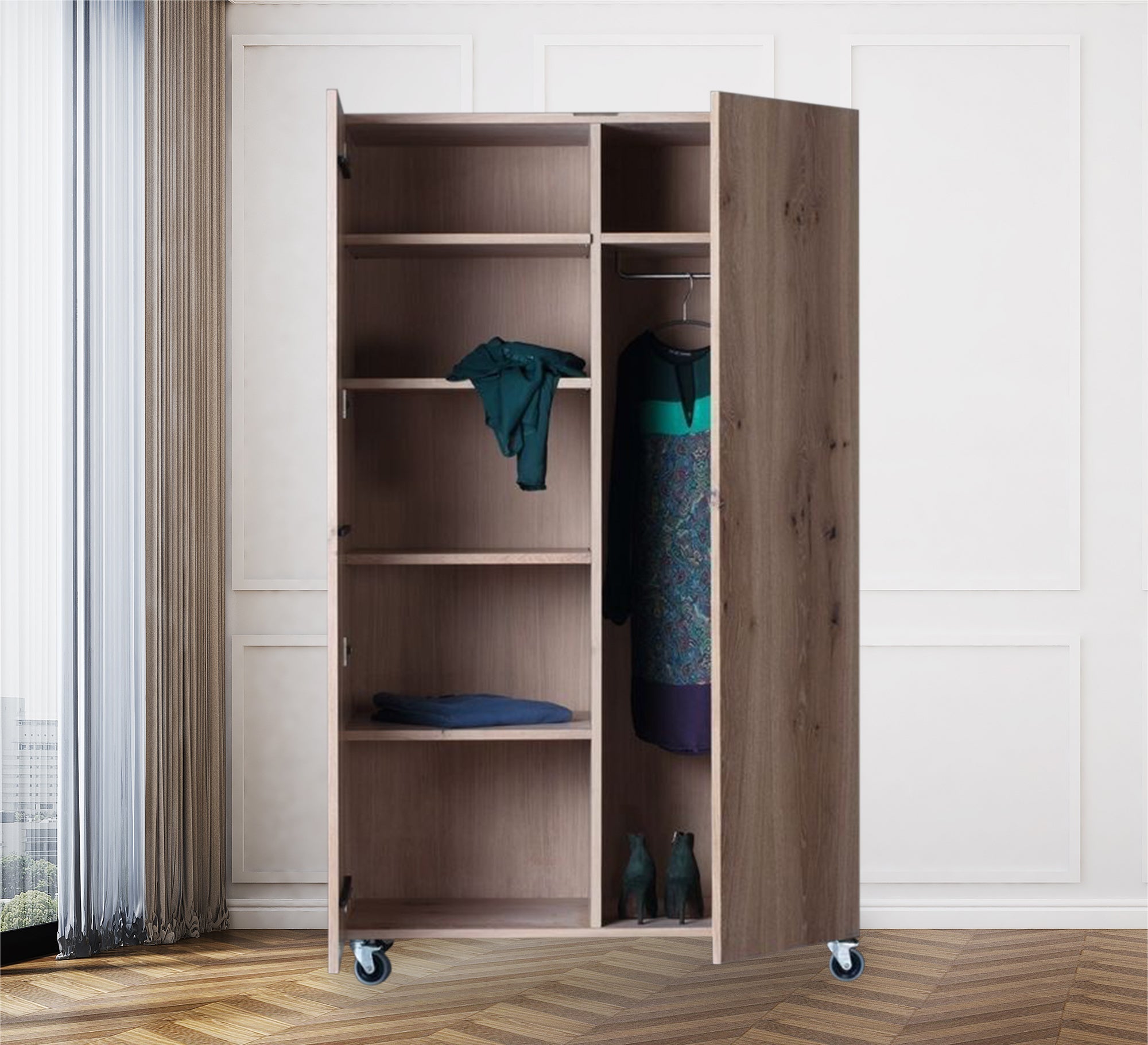 Beige Wooden Wardrobe Stylish & Mobile Storage - Vitrine Furniture - Furniture