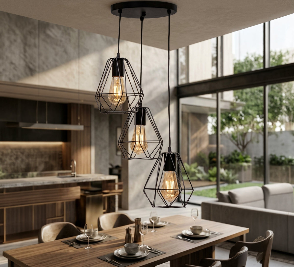 Black 3-light modern pendant with a bulb-shaped cage design - Vitrine Furniture - Ceiling lights