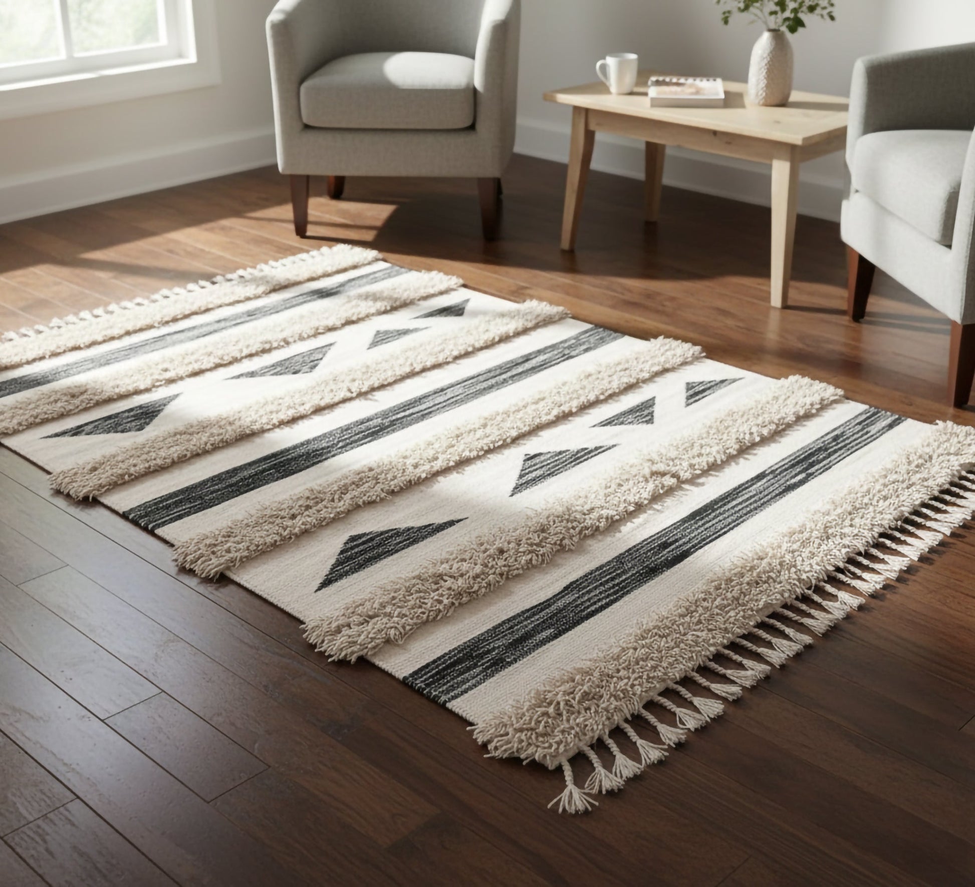 Black and cream triangles rug with raised stripes - Vitrine Furniture - Accessories