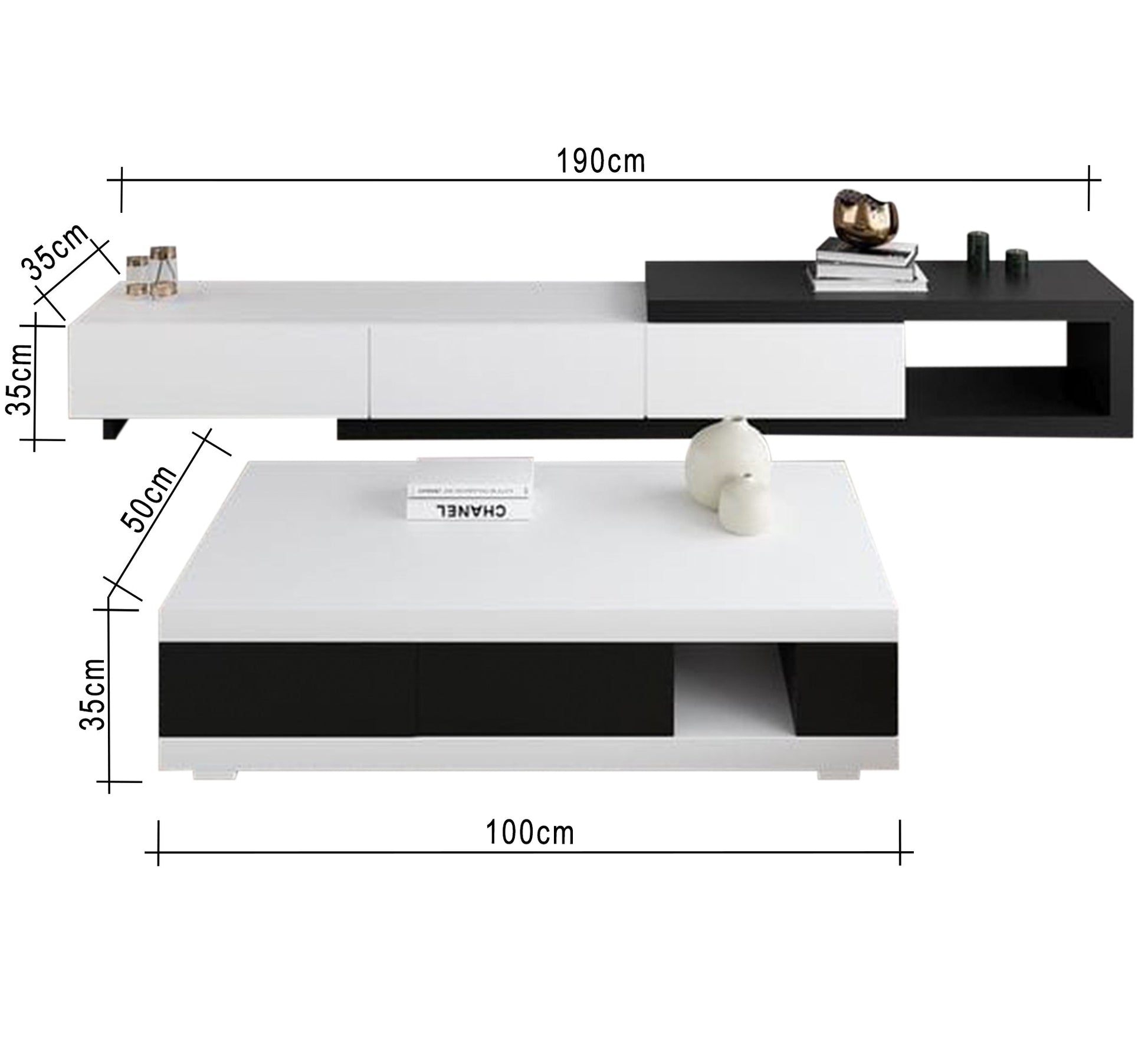Black and white TV unit and coffee table with shelves and drawers - Vitrine Furniture - Furniture