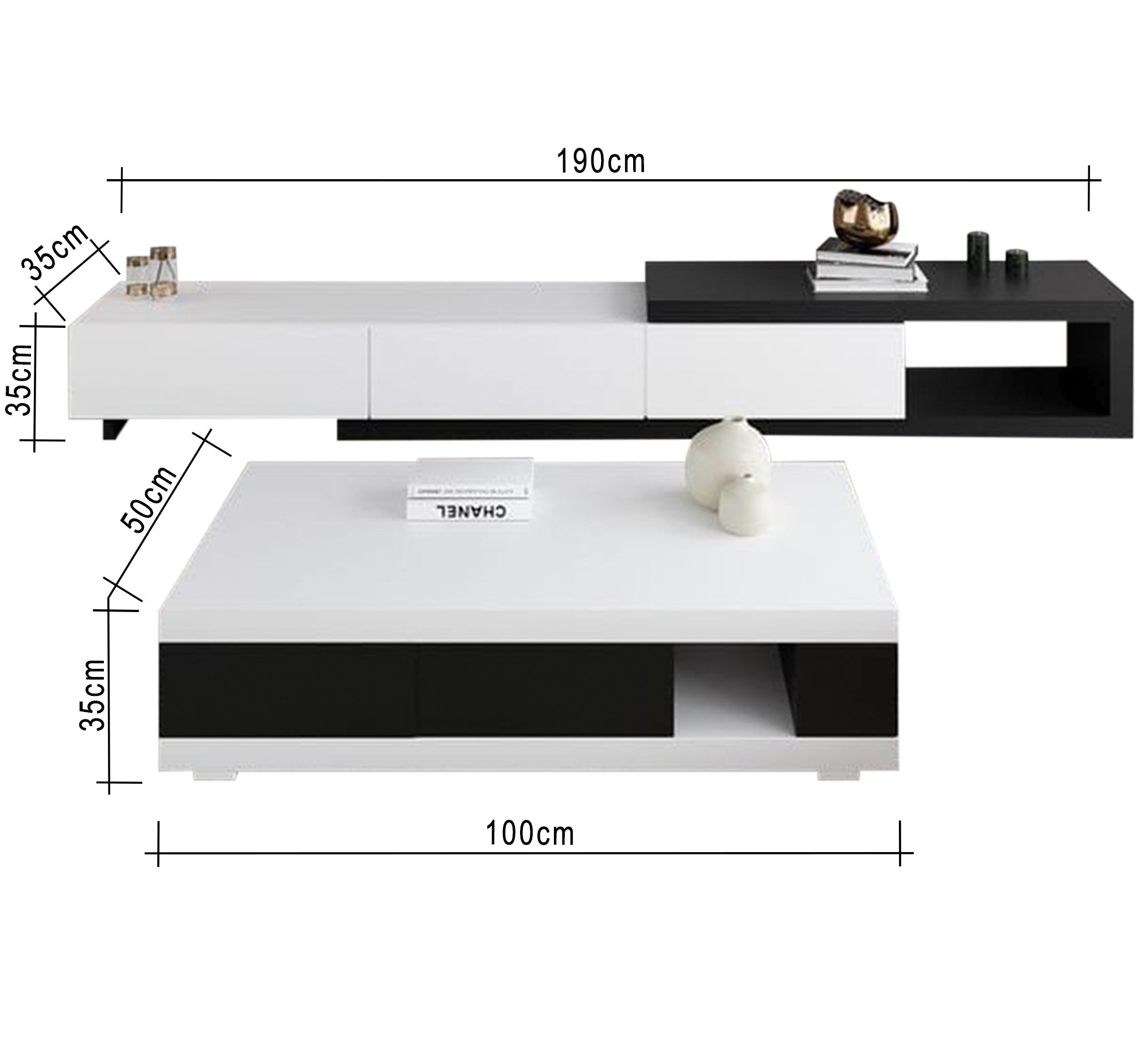 Black and white TV unit and coffee table with shelves and drawers - Vitrine Furniture - Furniture