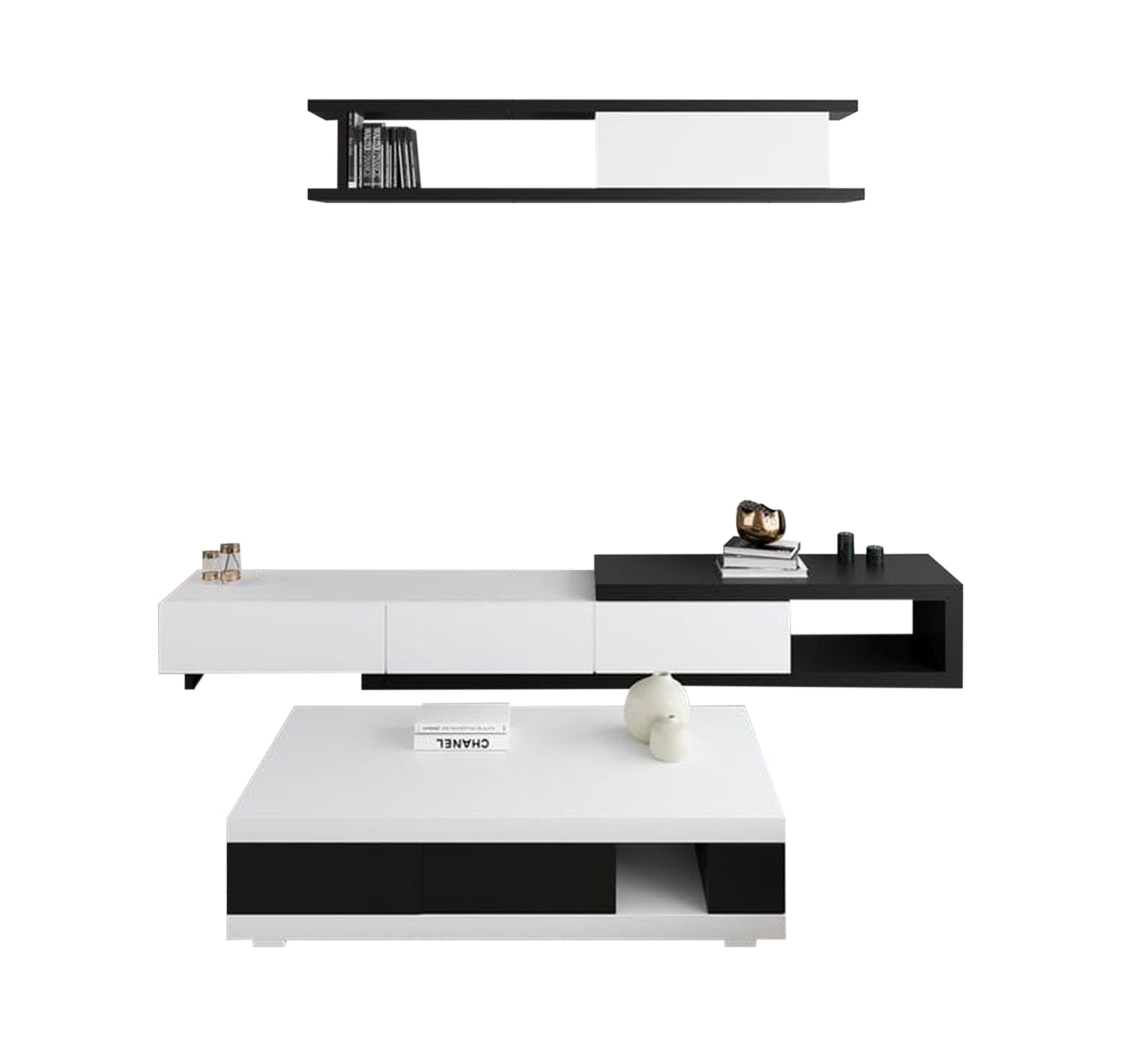 Black and white TV unit and coffee table with shelves and drawers - Vitrine Furniture - Furniture