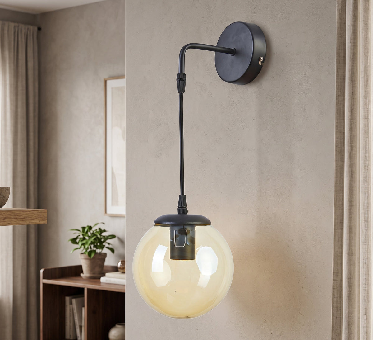 Black Arm Hanging Amber Globe Sconce - Vitrine Furniture - Wall Sconce