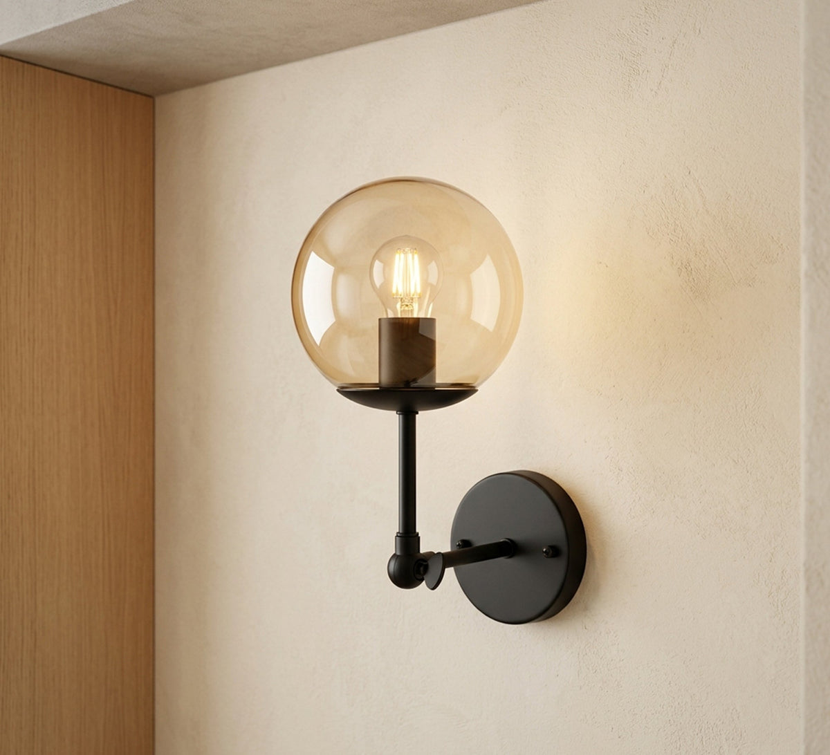 Black Arm Sconce with Amber Globe - Vitrine Furniture - Wall Sconce