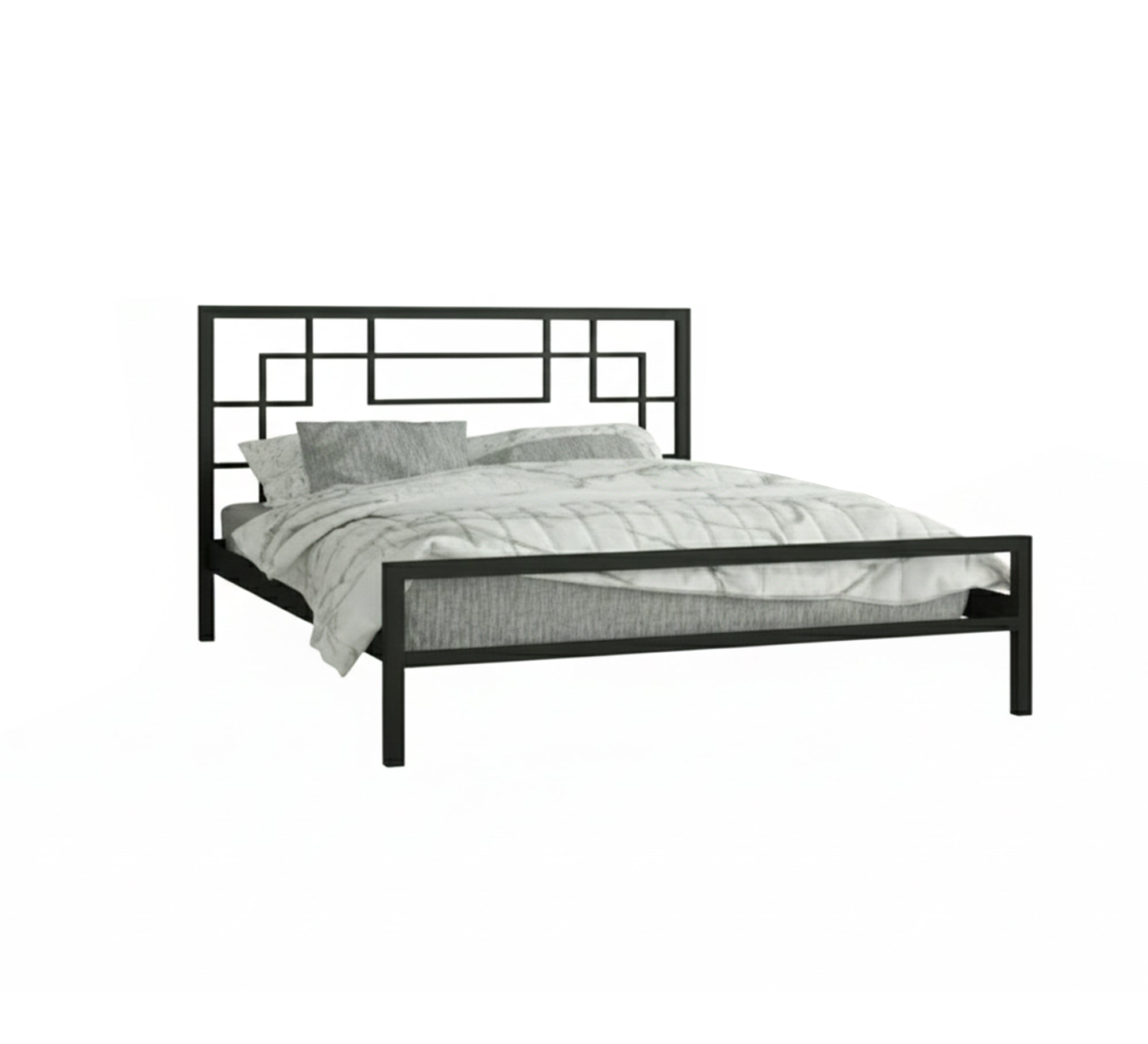 Black bed with a geometric square headboard - Vitrine Furniture - Furniture