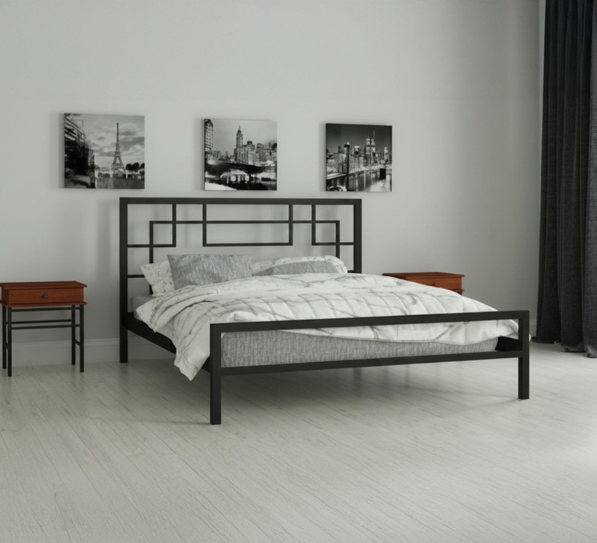 Black bed with a geometric square headboard - Vitrine Furniture - Furniture