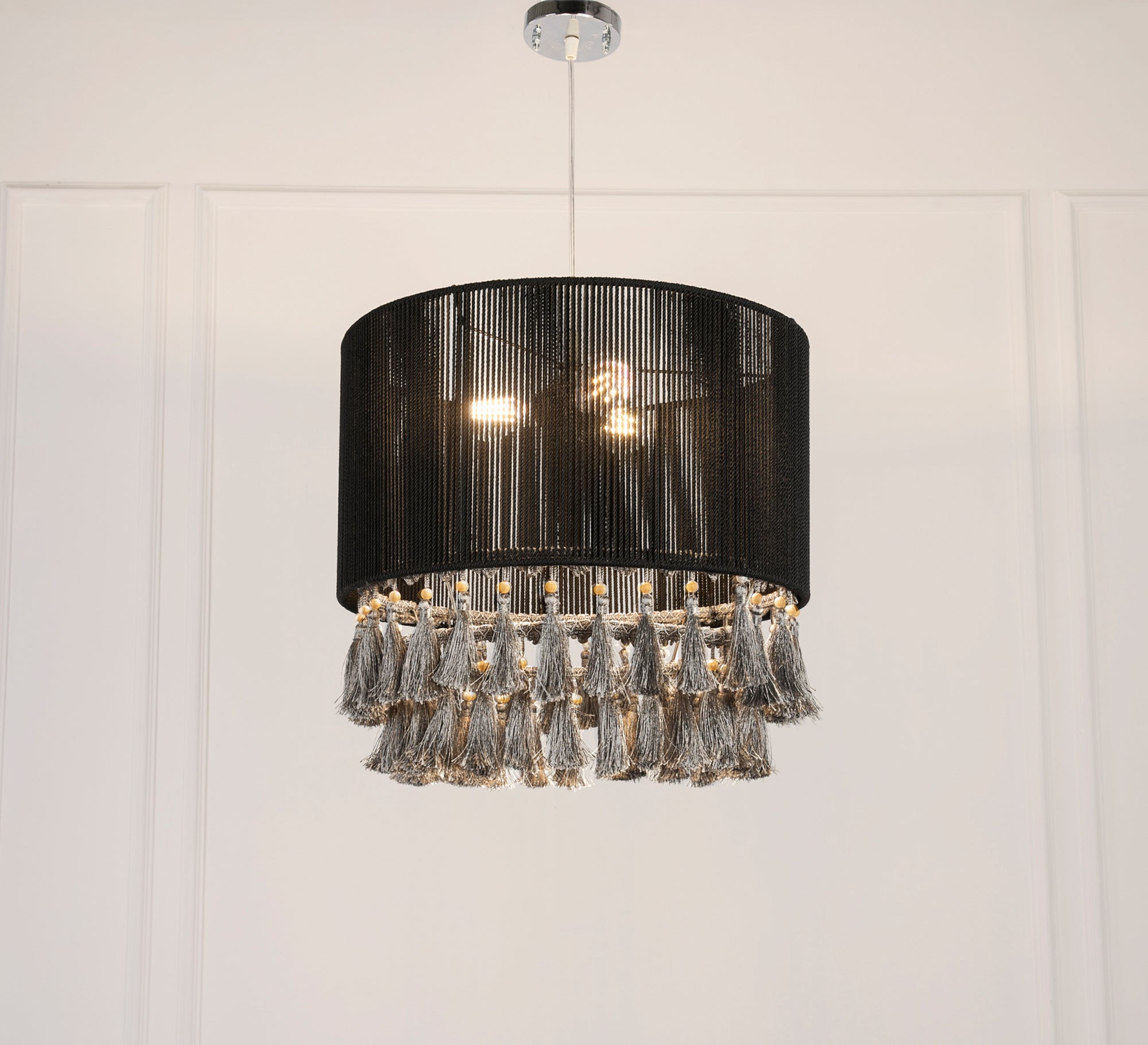 Black ceiling pendant with two rows of tassels - Vitrine Furniture - Lighting
