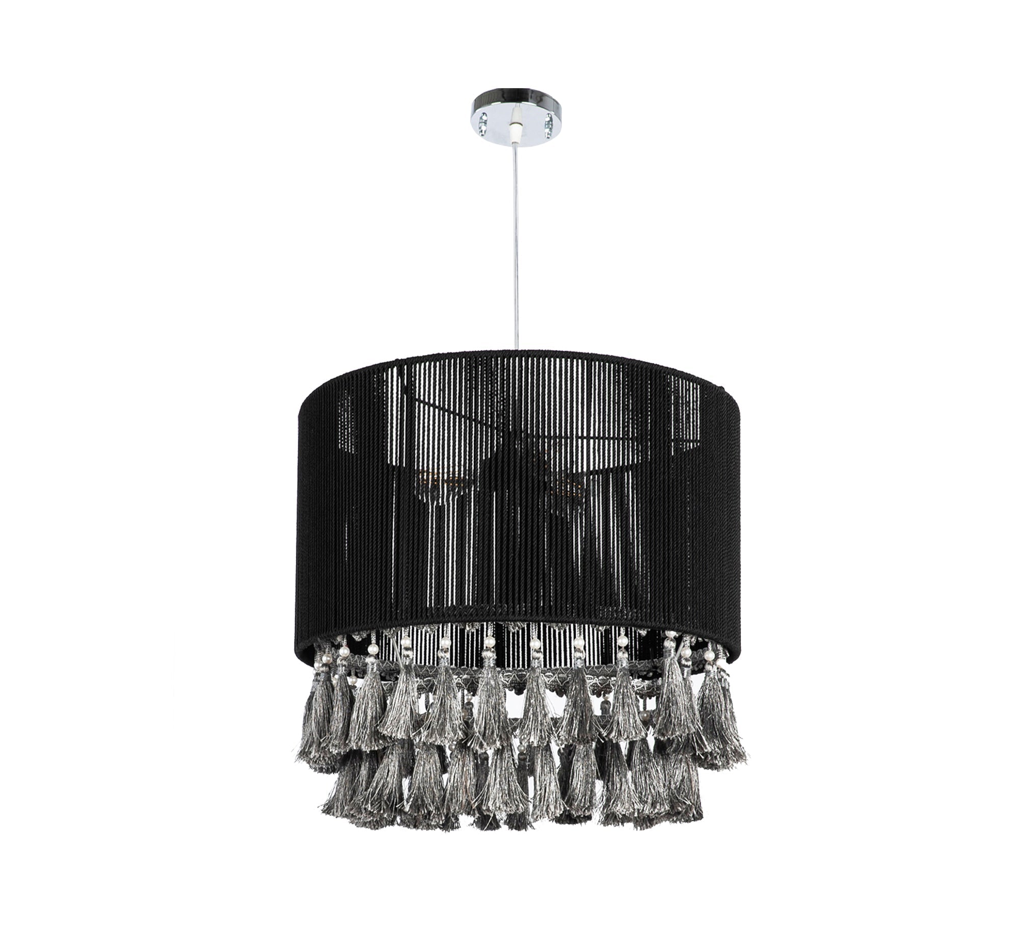 Black ceiling pendant with two rows of tassels - Vitrine Furniture - Lighting